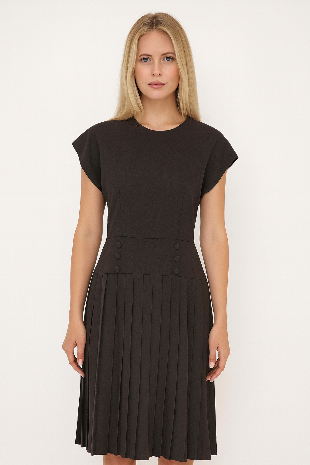 Vintage Gray Pleated Midi Dress Cap Sleeve Buttons Back Cutout Retro Style Size M