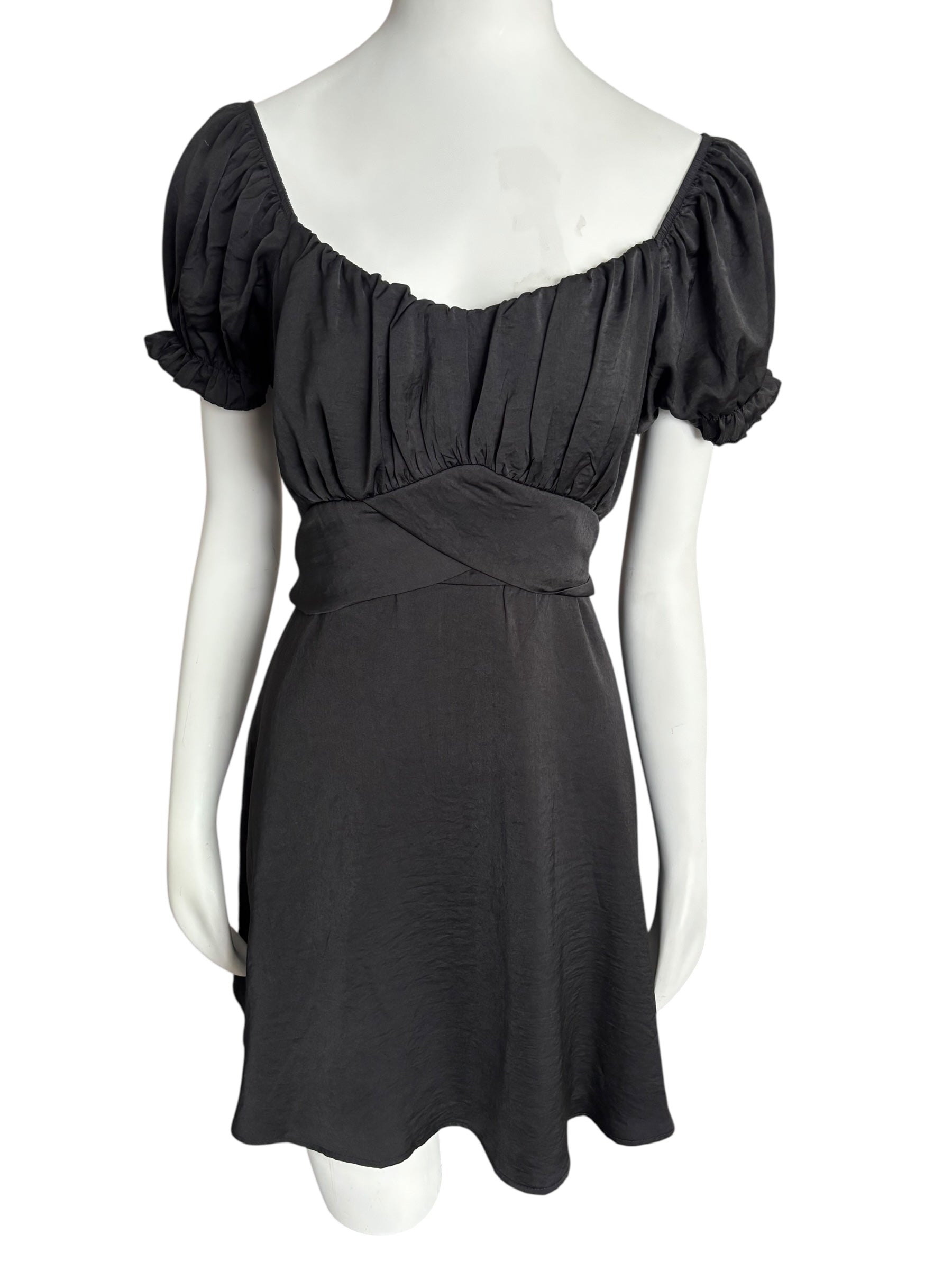 Black Mini Dress Square Neck Puff Sleeve Tie Back Party Cocktail Size Large