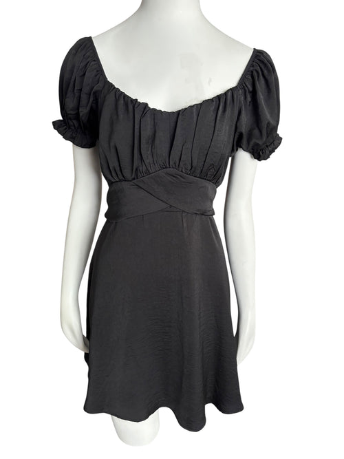 Black Mini Dress Square Neck Puff Sleeve Tie Back Party Cocktail Size Large