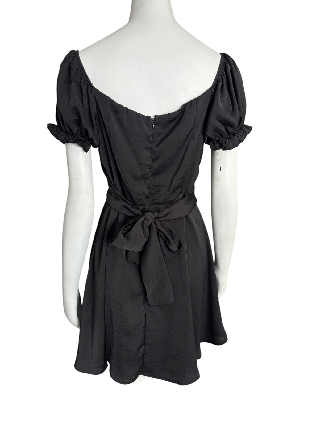 Black Mini Dress Square Neck Puff Sleeve Tie Back Party Cocktail Size Large