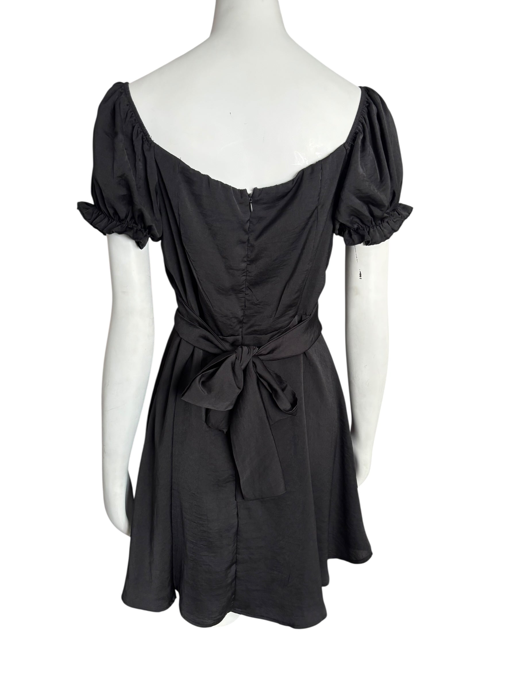 Black Mini Dress Square Neck Puff Sleeve Tie Back Party Cocktail Size Large