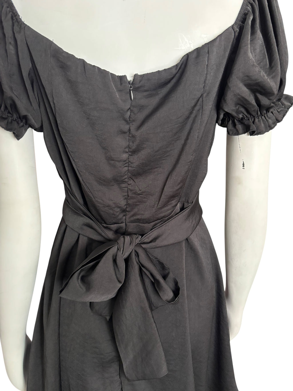 Black Mini Dress Square Neck Puff Sleeve Tie Back Party Cocktail Size Large