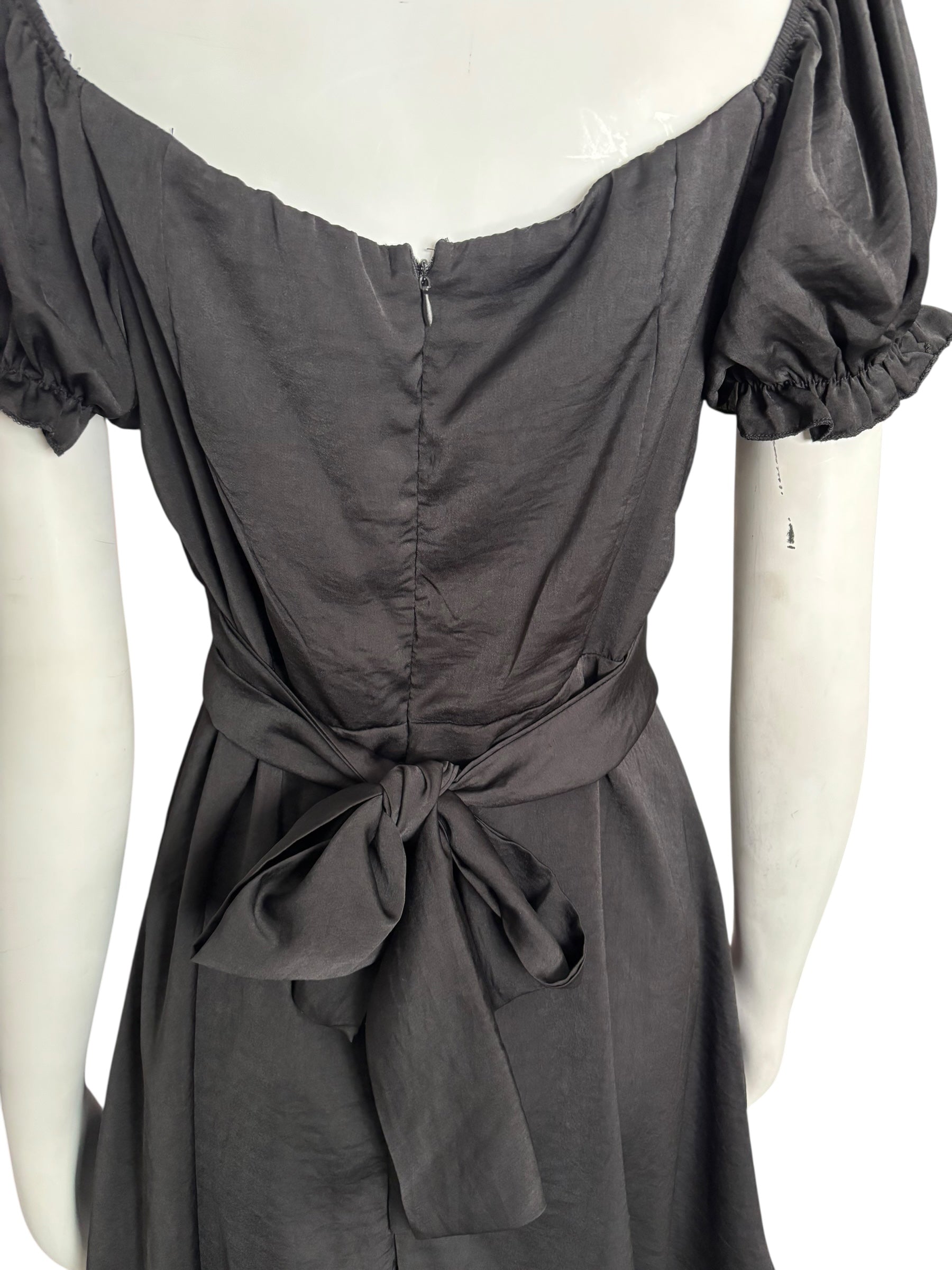 Black Mini Dress Square Neck Puff Sleeve Tie Back Party Cocktail Size Large