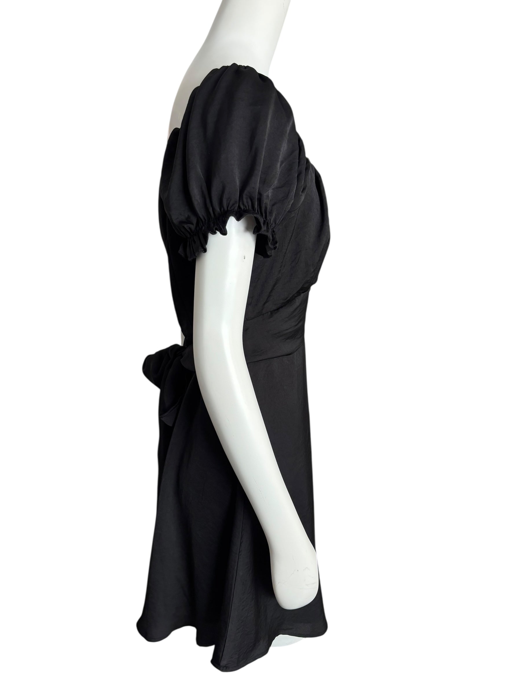 Black Mini Dress Square Neck Puff Sleeve Tie Back Party Cocktail Size Large