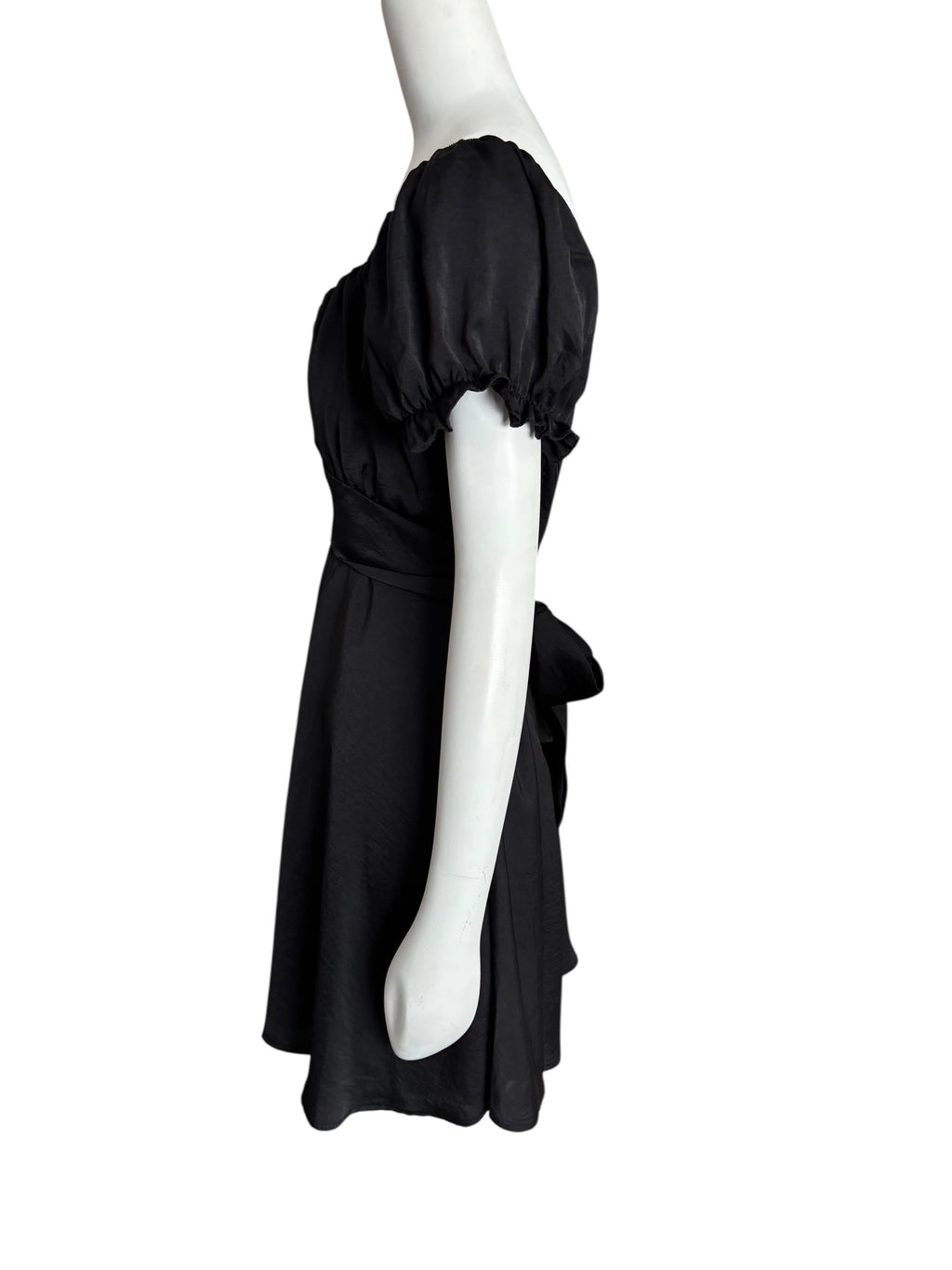 Black Mini Dress Square Neck Puff Sleeve Tie Back Party Cocktail Size Large