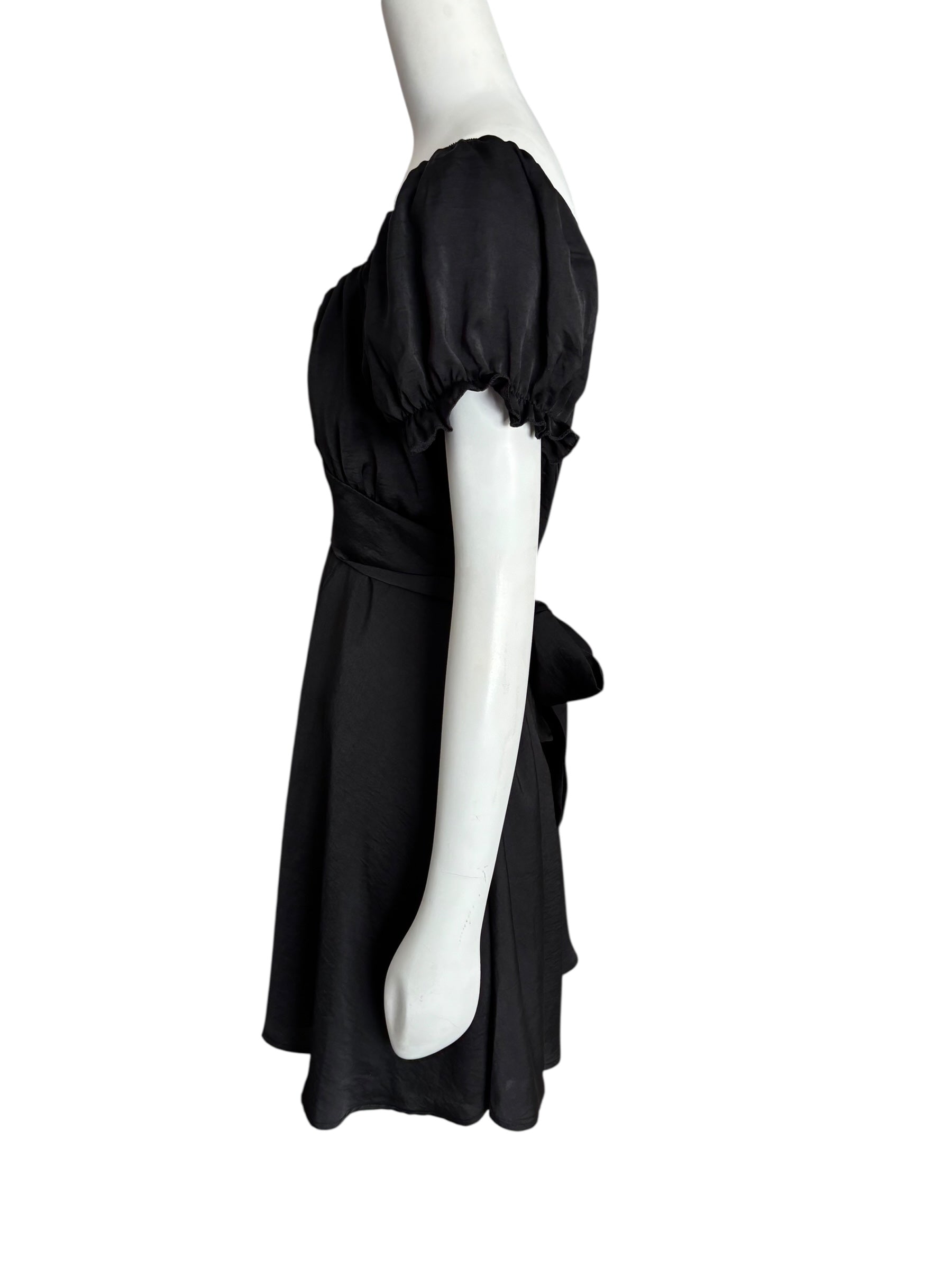 Black Mini Dress Square Neck Puff Sleeve Tie Back Party Cocktail Size Large