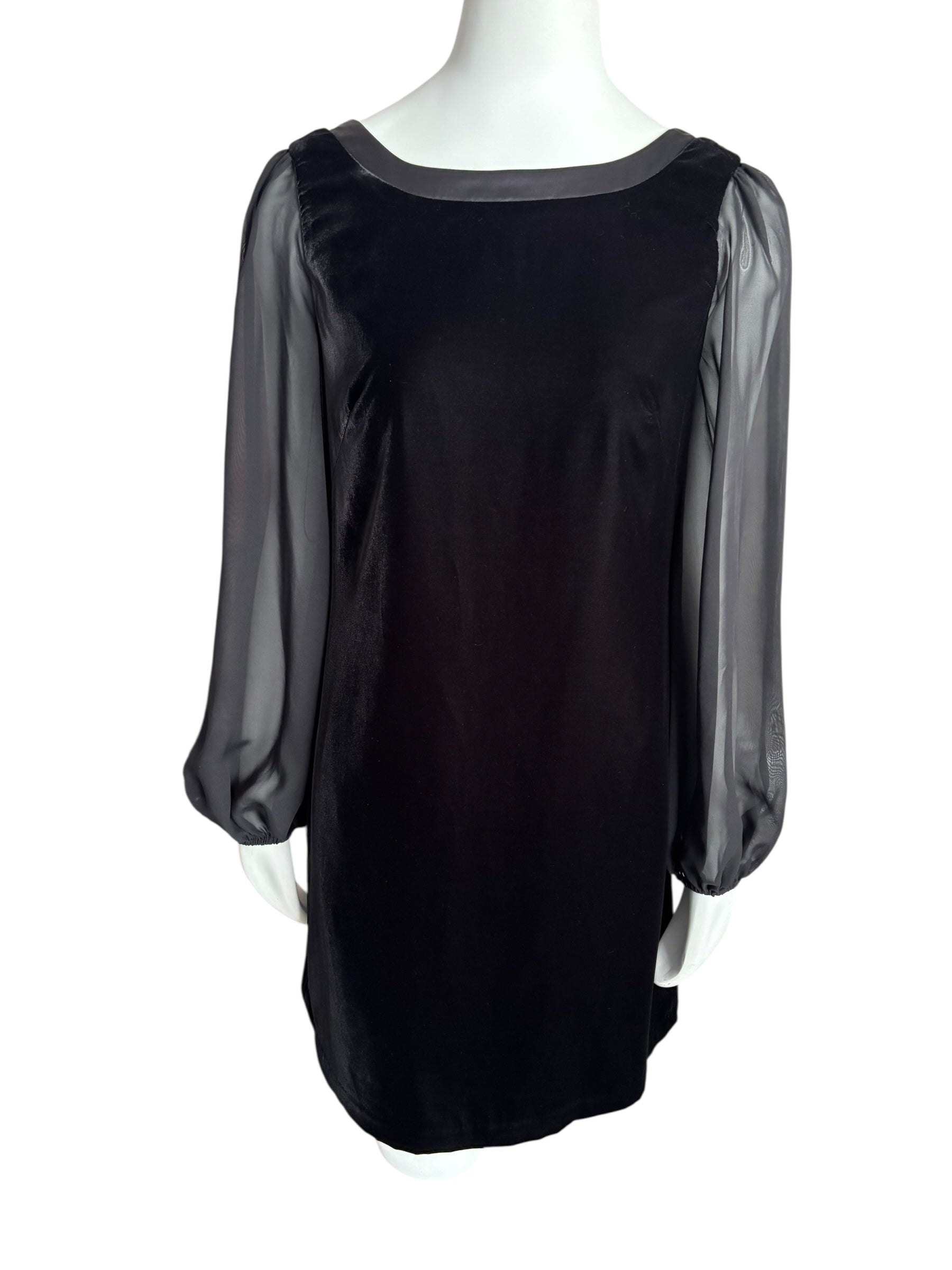 White House Black Market Black Velvet Dress Sheer Bishop Sleeve Back Bow Cocktail Party Mini Size 6