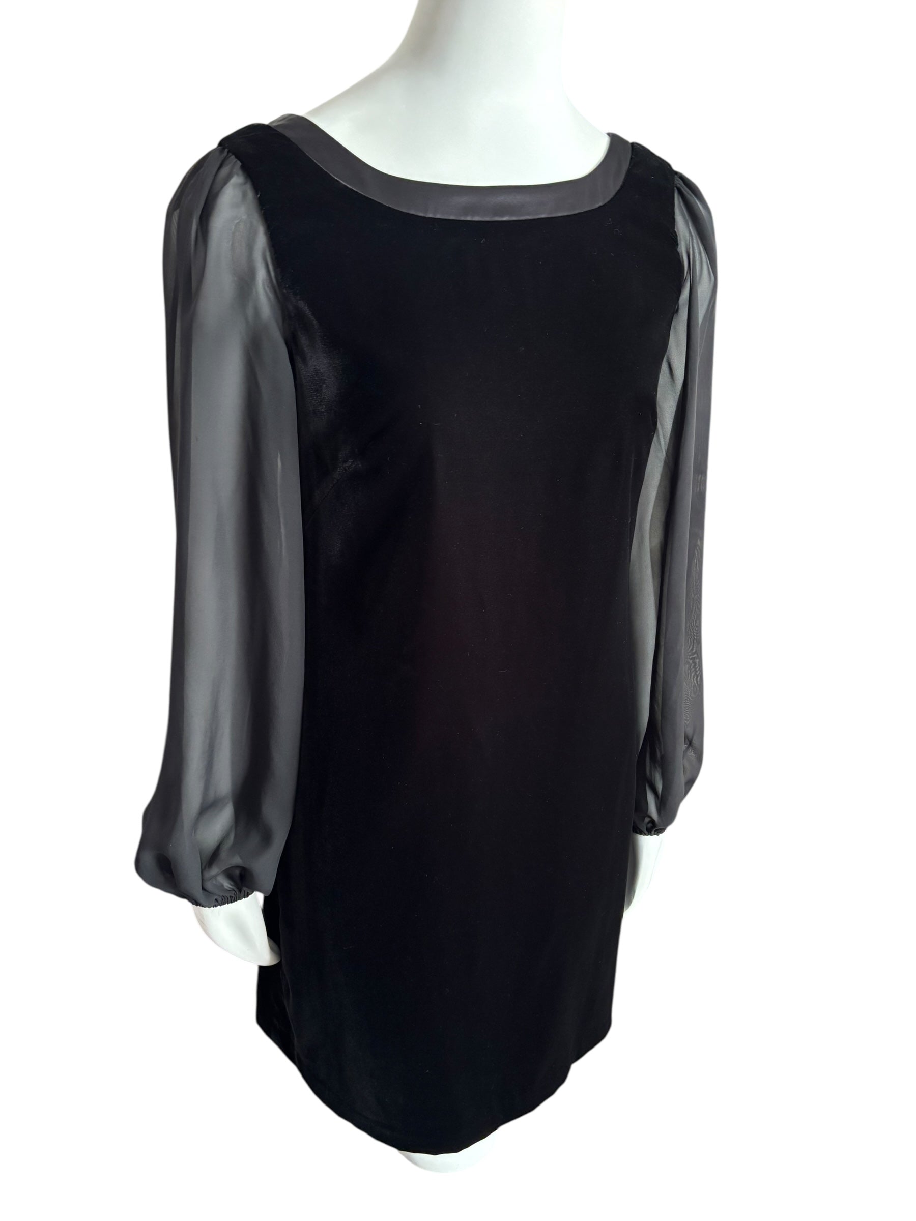 White House Black Market Black Velvet Dress Sheer Bishop Sleeve Back Bow Cocktail Party Mini Size 6