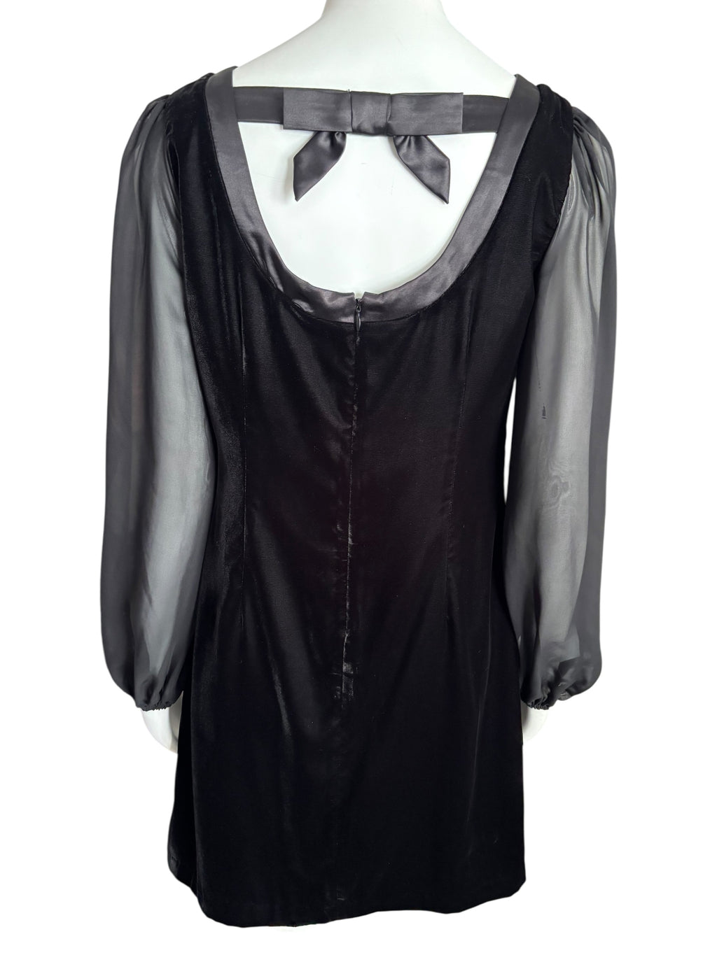 White House Black Market Black Velvet Dress Sheer Bishop Sleeve Back Bow Cocktail Party Mini Size 6