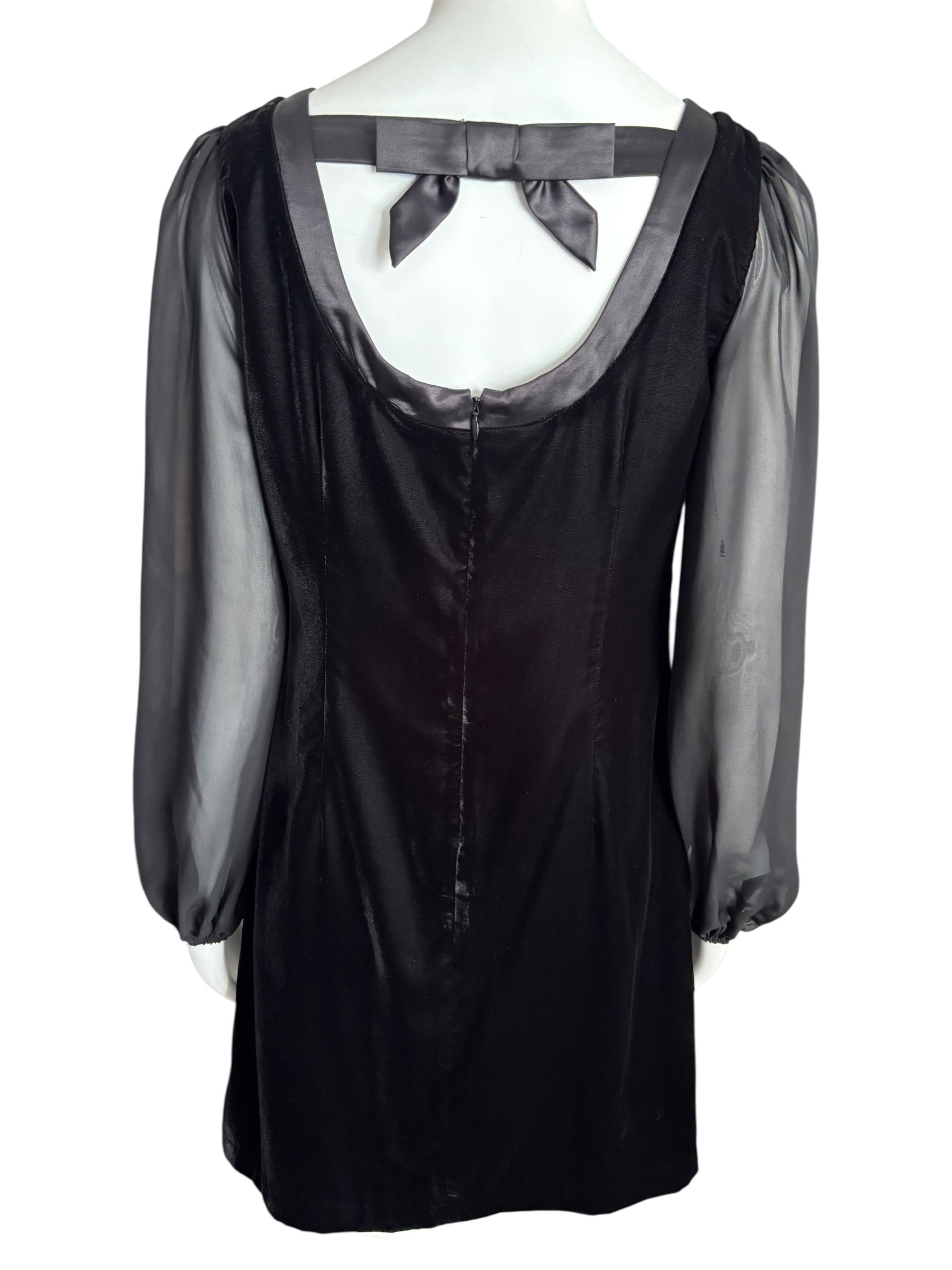 White House Black Market Black Velvet Dress Sheer Bishop Sleeve Back Bow Cocktail Party Mini Size 6