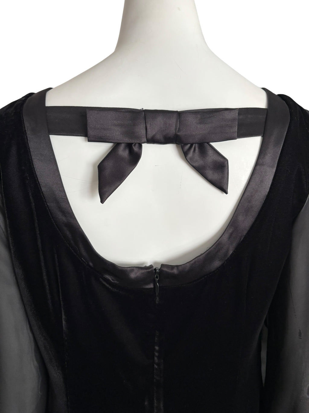 White House Black Market Black Velvet Dress Sheer Bishop Sleeve Back Bow Cocktail Party Mini Size 6