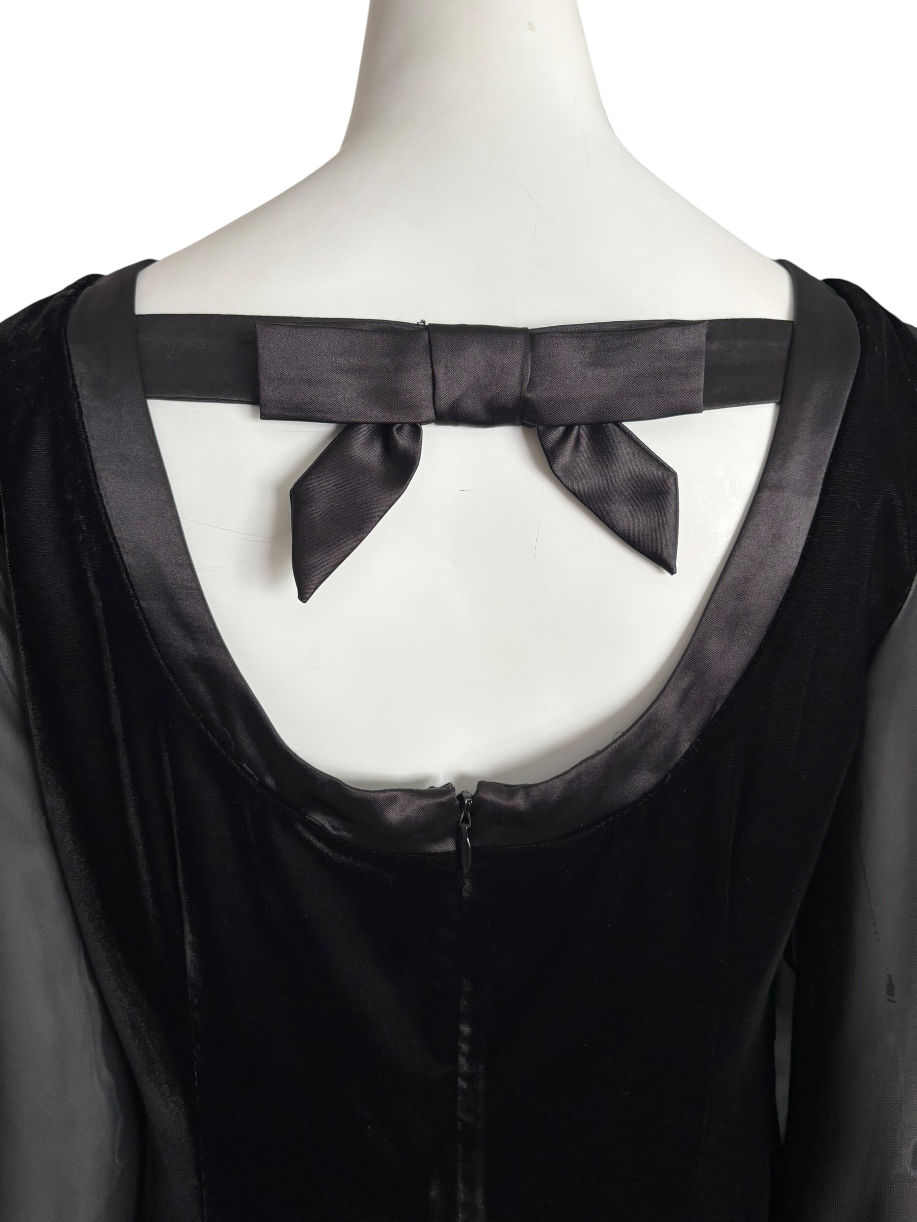 White House Black Market Black Velvet Dress Sheer Bishop Sleeve Back Bow Cocktail Party Mini Size 6