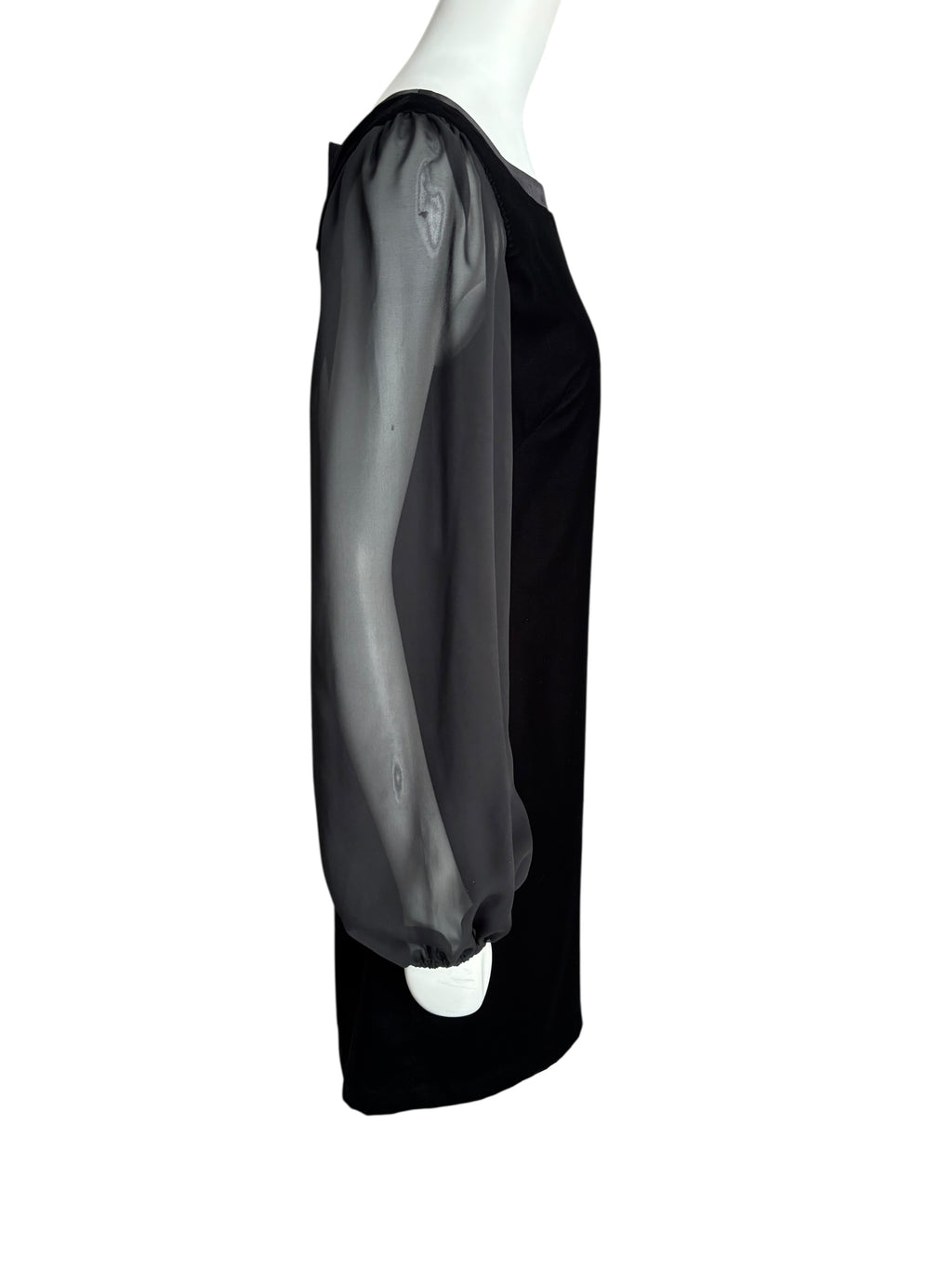 White House Black Market Black Velvet Dress Sheer Bishop Sleeve Back Bow Cocktail Party Mini Size 6