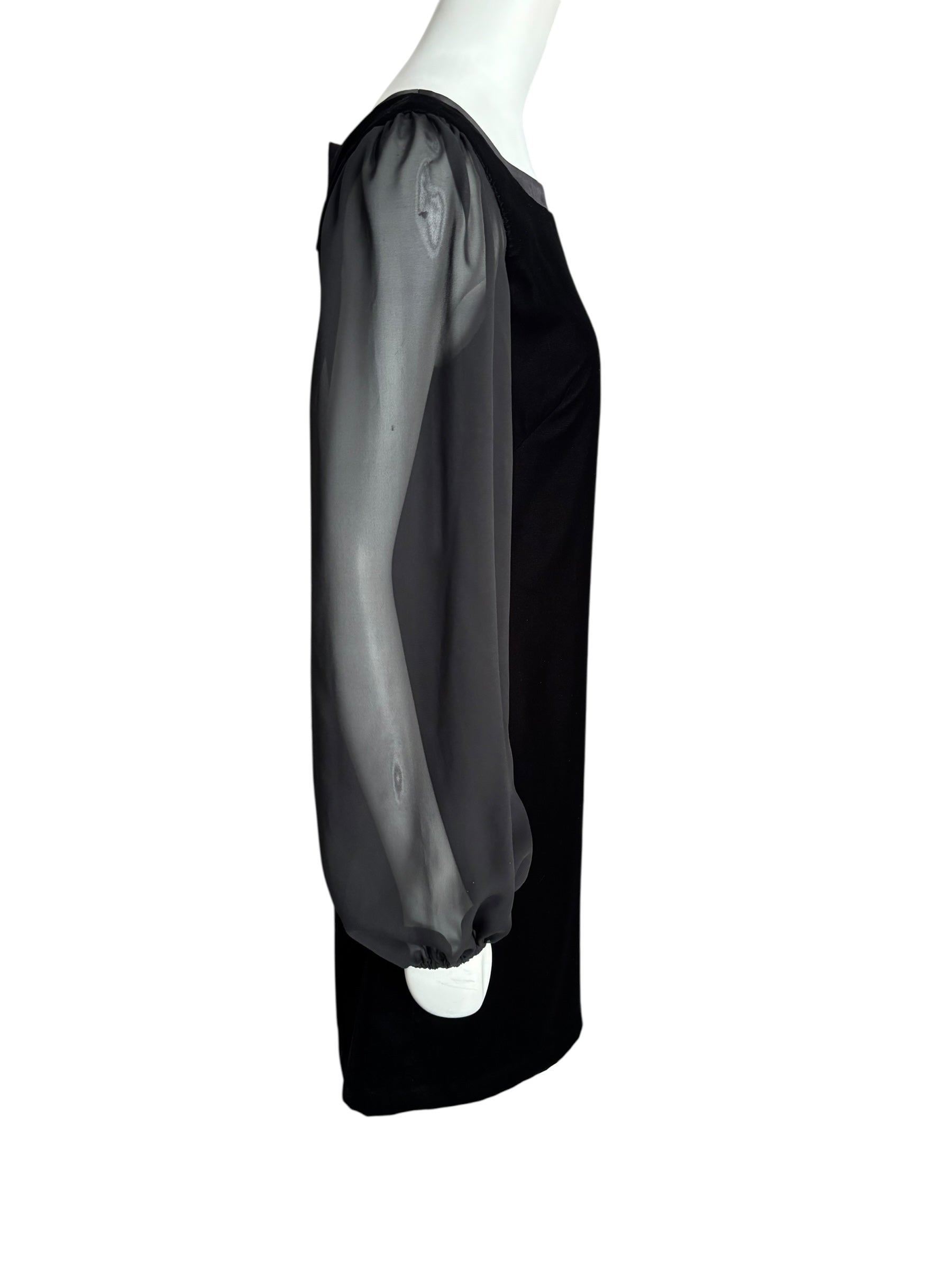 White House Black Market Black Velvet Dress Sheer Bishop Sleeve Back Bow Cocktail Party Mini Size 6