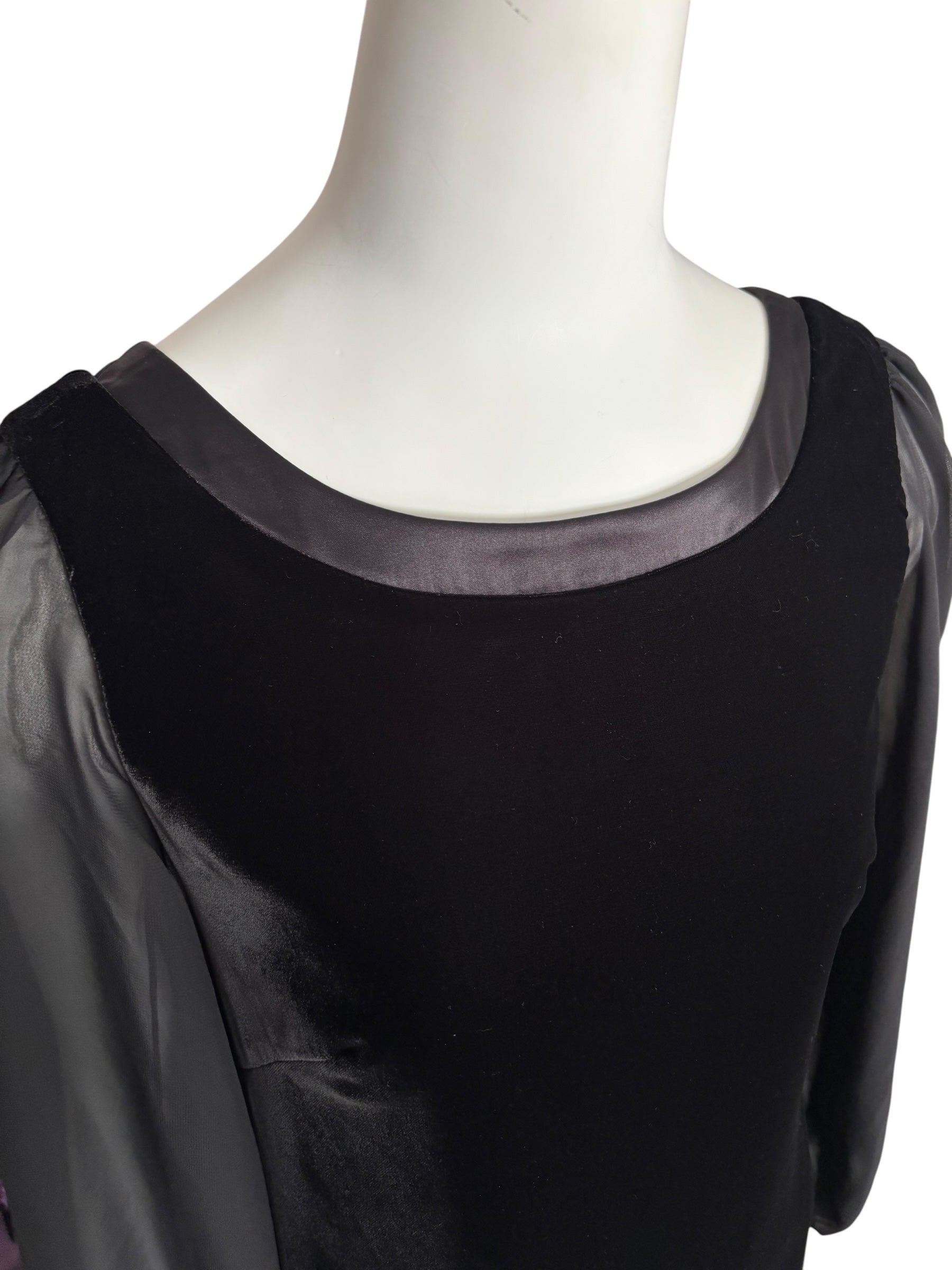 White House Black Market Black Velvet Dress Sheer Bishop Sleeve Back Bow Cocktail Party Mini Size 6