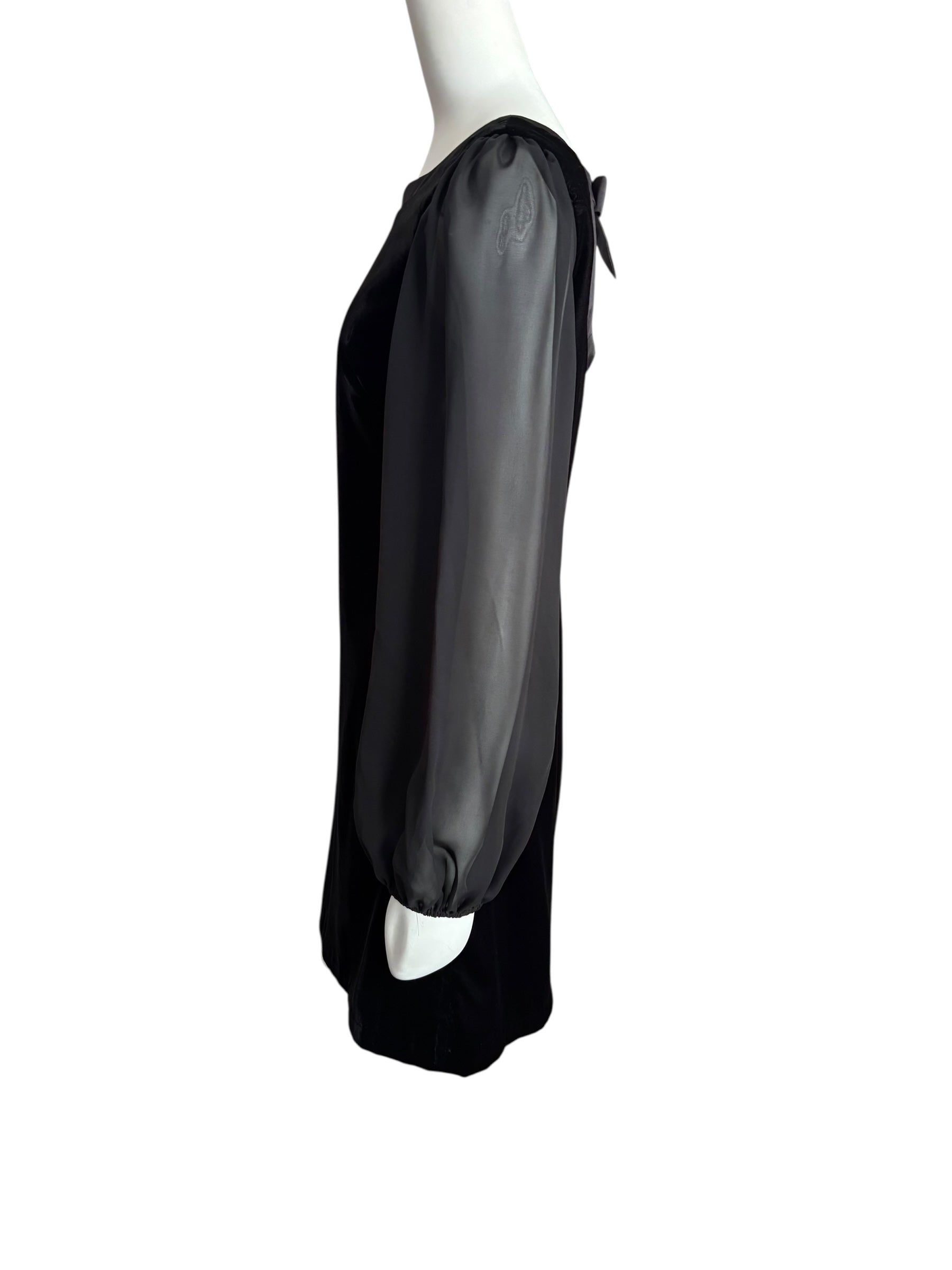White House Black Market Black Velvet Dress Sheer Bishop Sleeve Back Bow Cocktail Party Mini Size 6