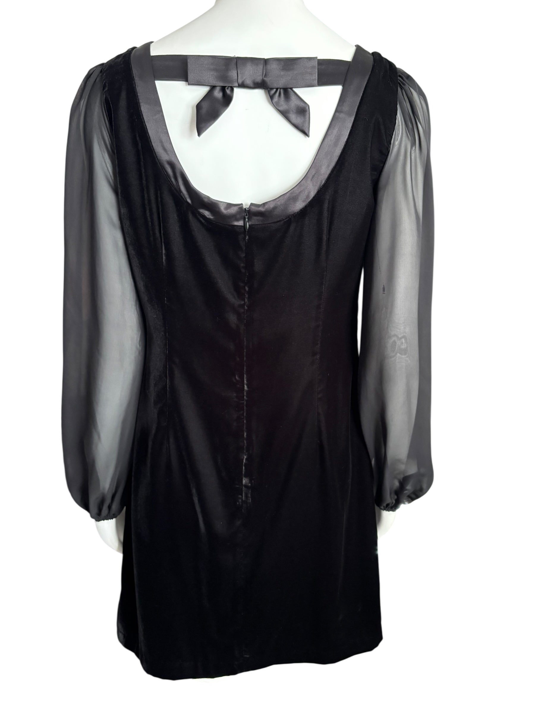 White House Black Market Black Velvet Dress Sheer Bishop Sleeve Back Bow Cocktail Party Mini Size 6