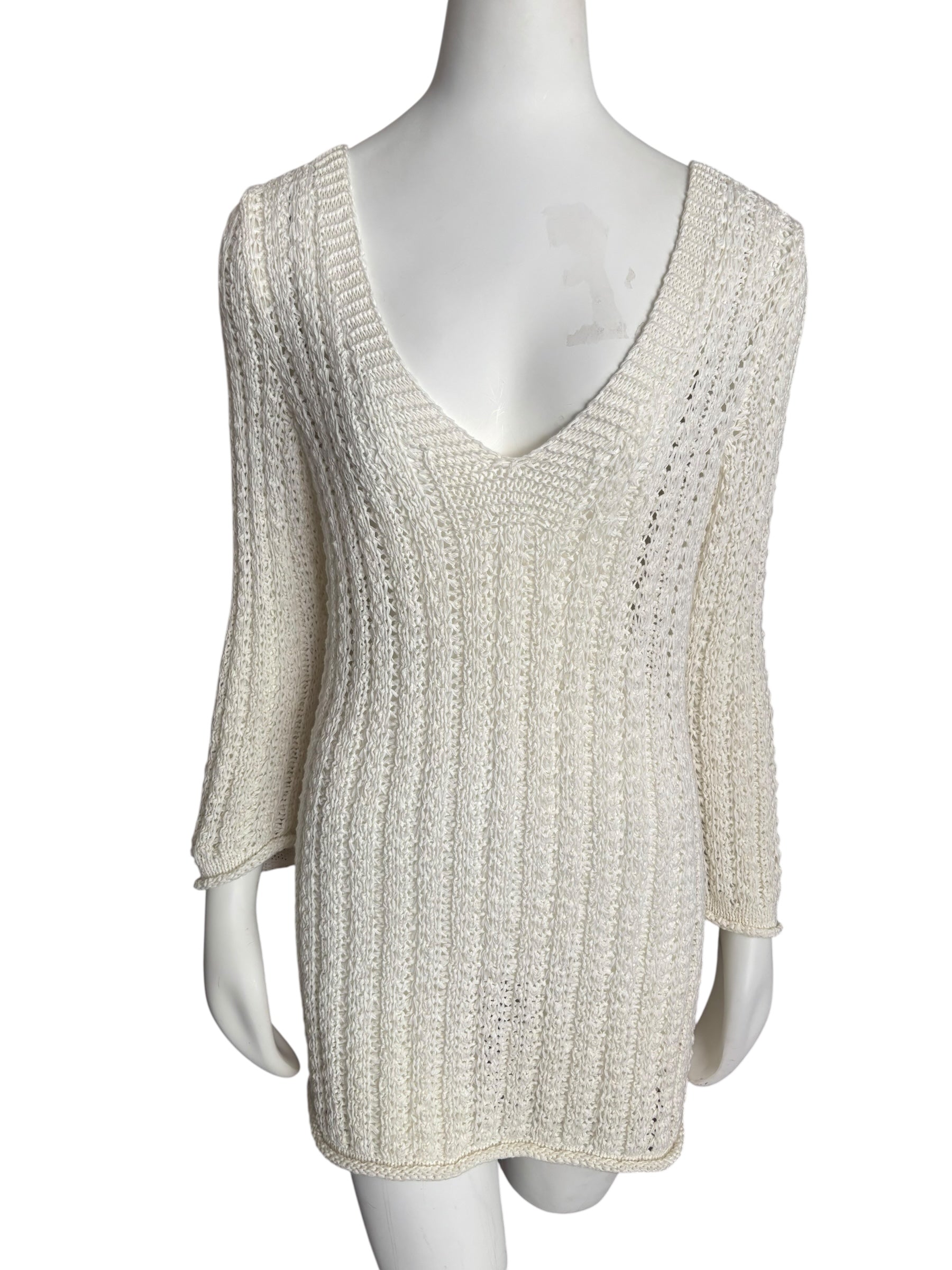 Ivory Knit Mini Dress V Neck 3/4 Sleeve Lightweight Elegant Casual Size Small