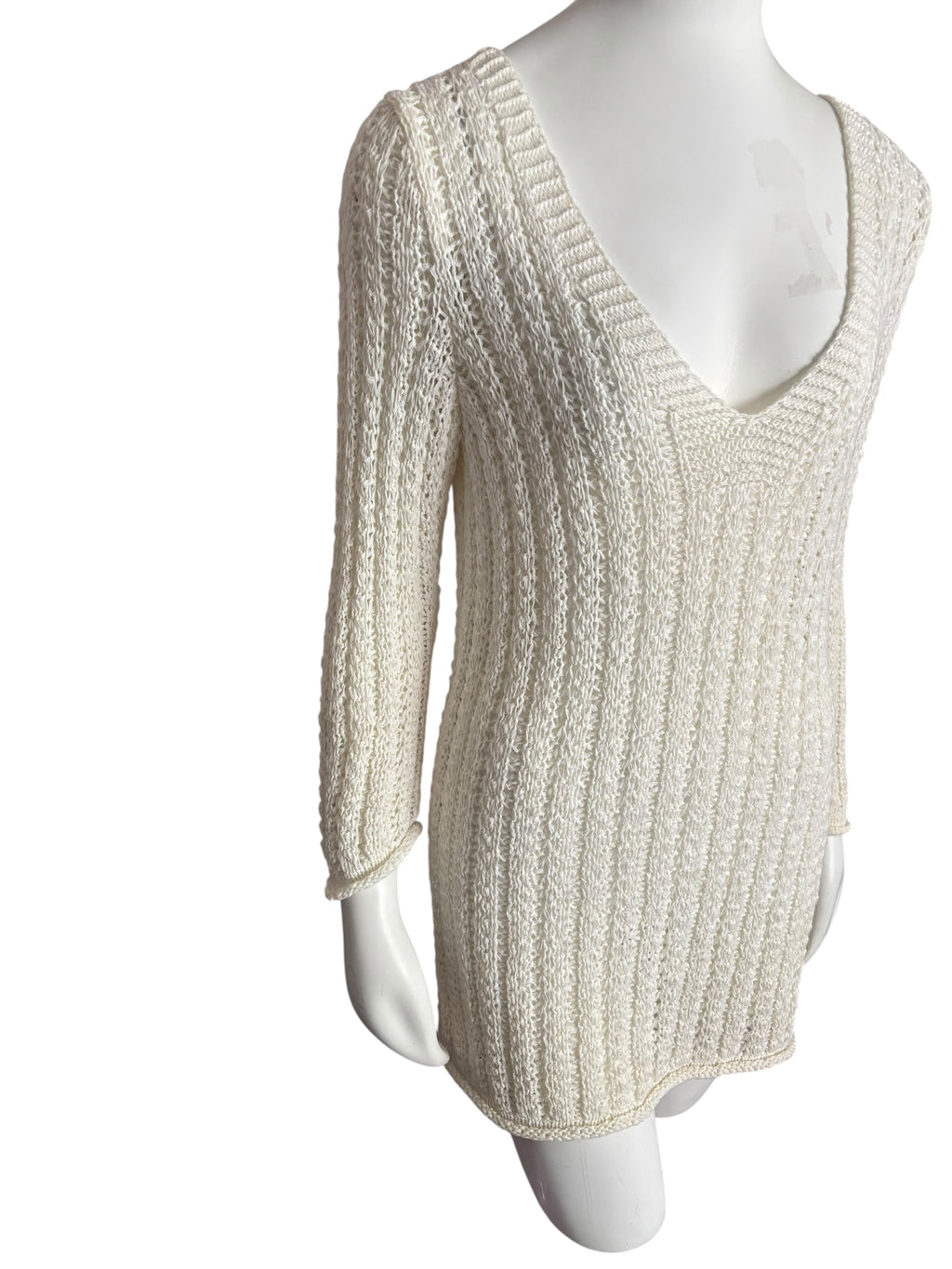 Ivory Knit Mini Dress V Neck 3/4 Sleeve Lightweight Elegant Casual Size Small