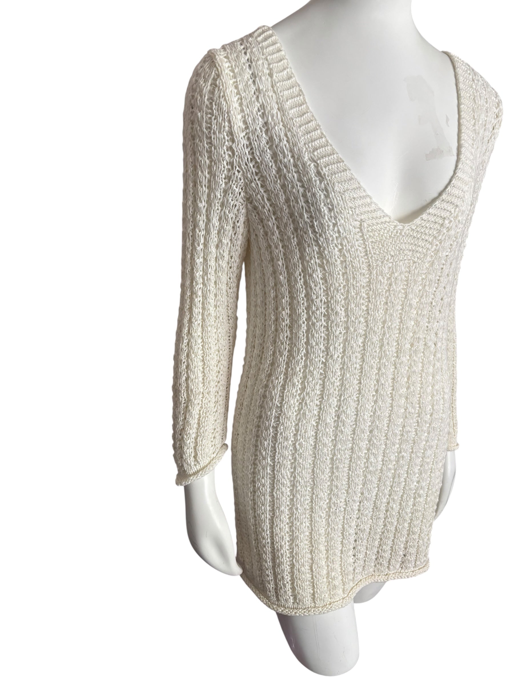 Ivory Knit Mini Dress V Neck 3/4 Sleeve Lightweight Elegant Casual Size Small