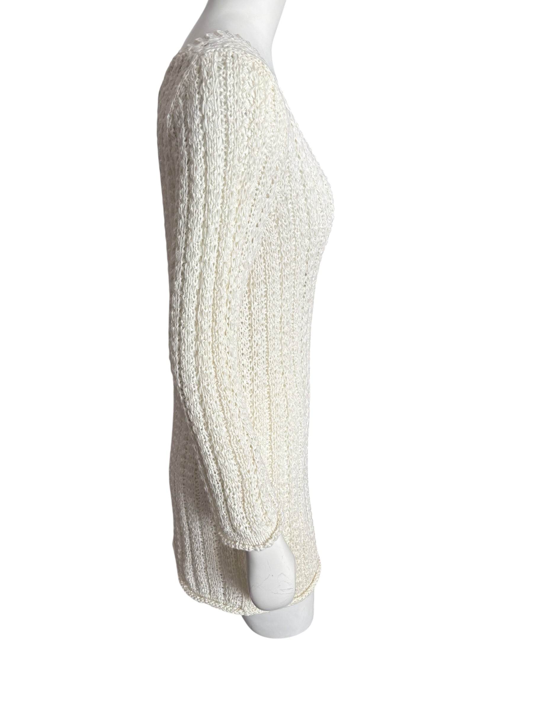 Ivory Knit Mini Dress V Neck 3/4 Sleeve Lightweight Elegant Casual Size Small