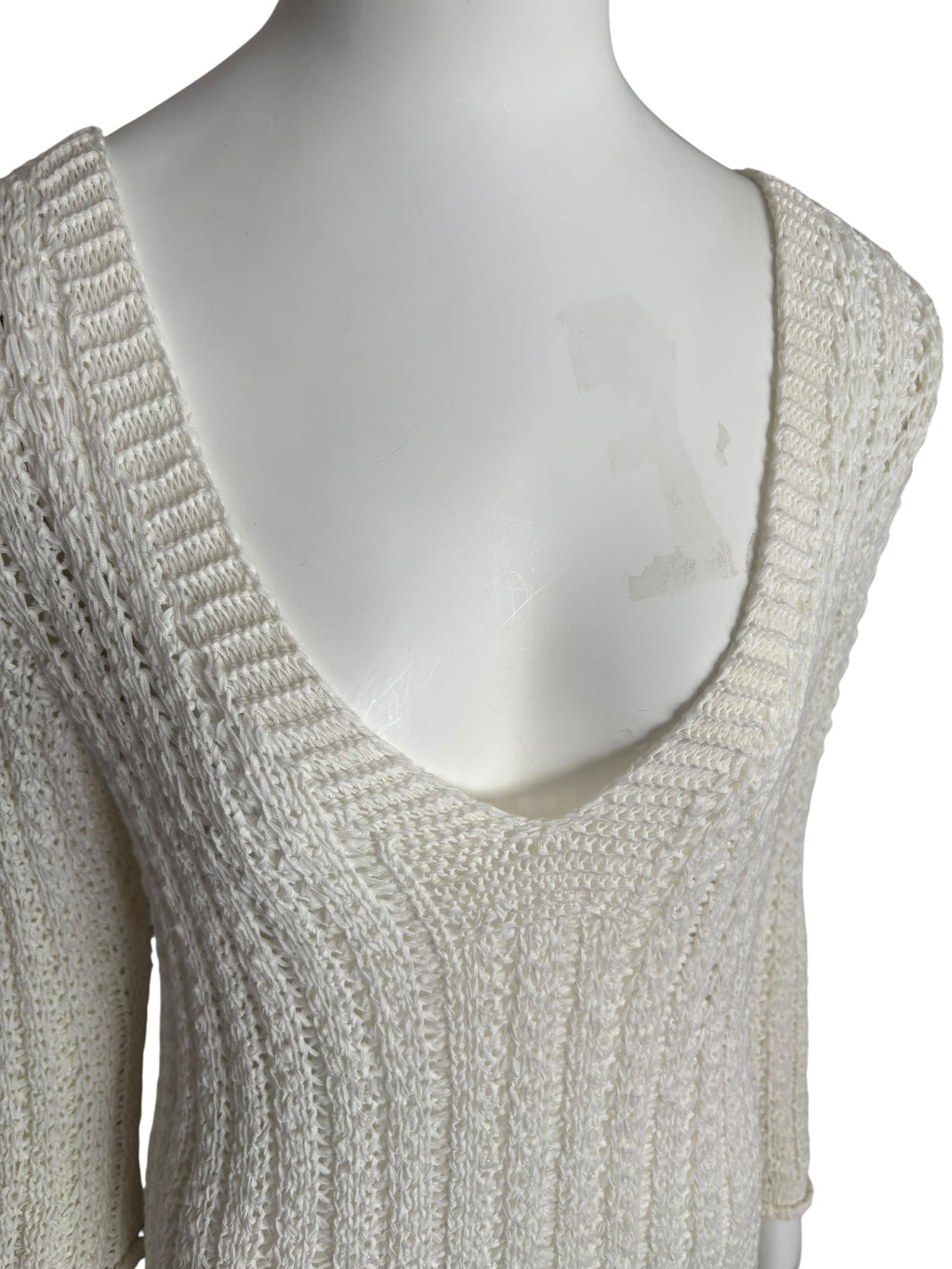 Ivory Knit Mini Dress V Neck 3/4 Sleeve Lightweight Elegant Casual Size Small