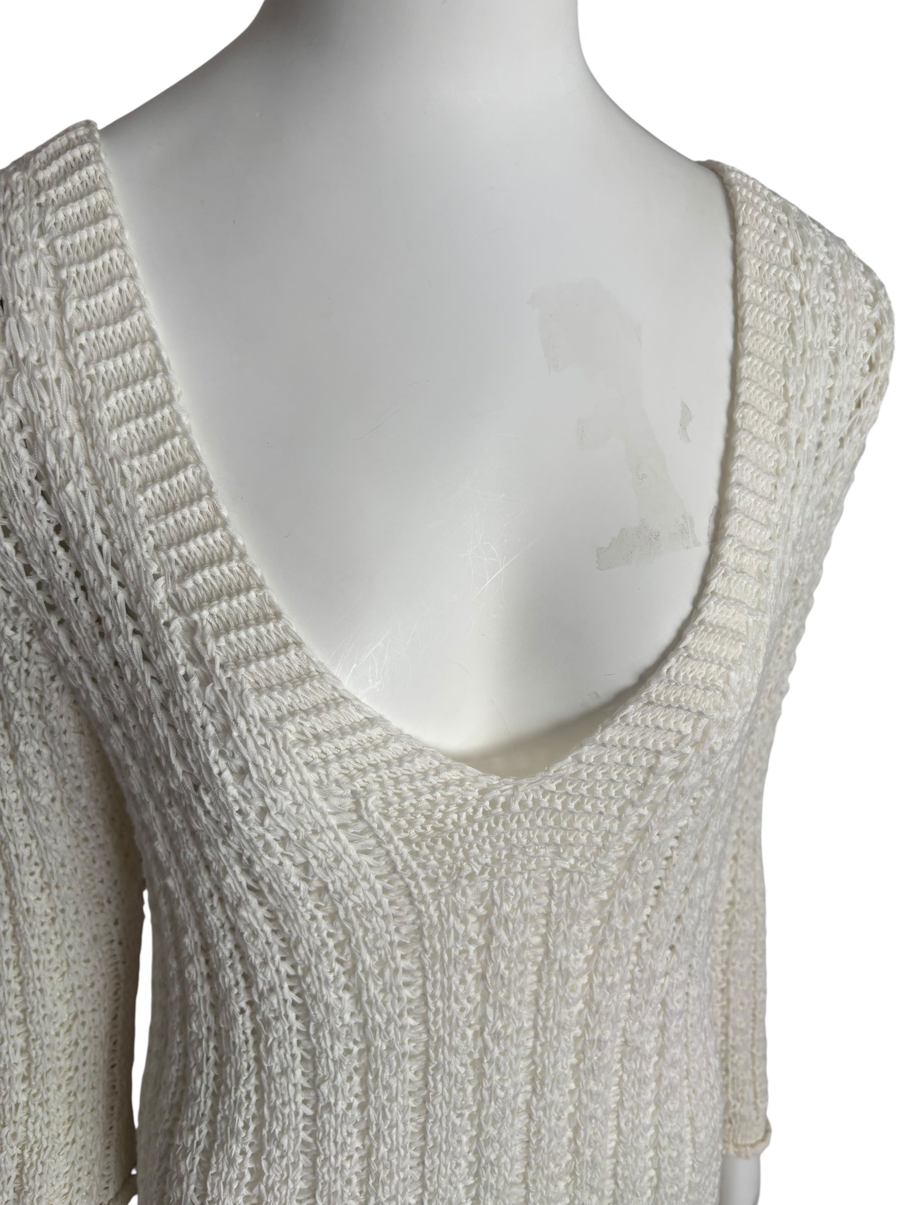 Ivory Knit Mini Dress V Neck 3/4 Sleeve Lightweight Elegant Casual Size Small