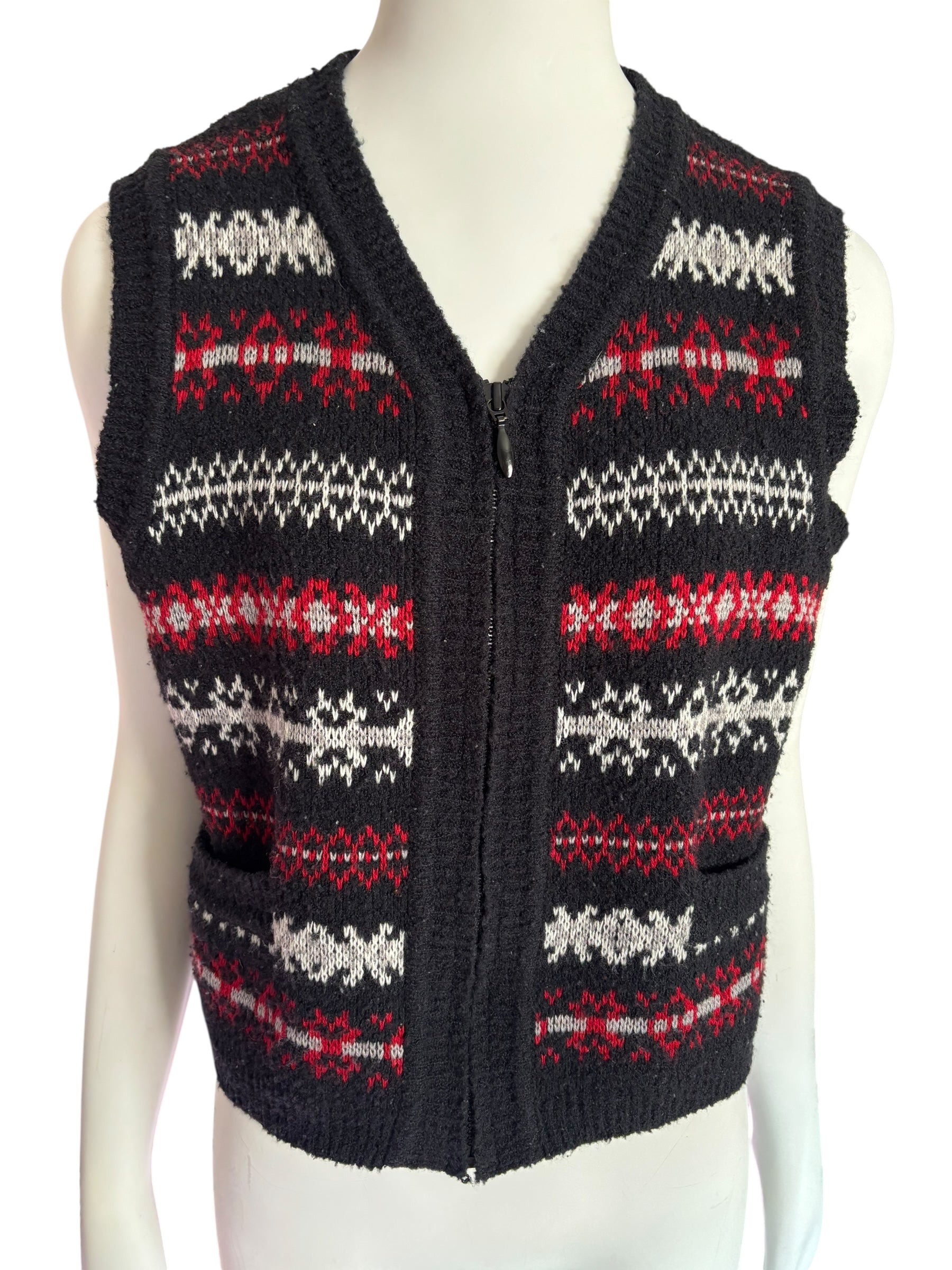 Vintage Nordic Knit Vest Full Zip Sweater Black Red White Fair Isle Sleeveless Size Small