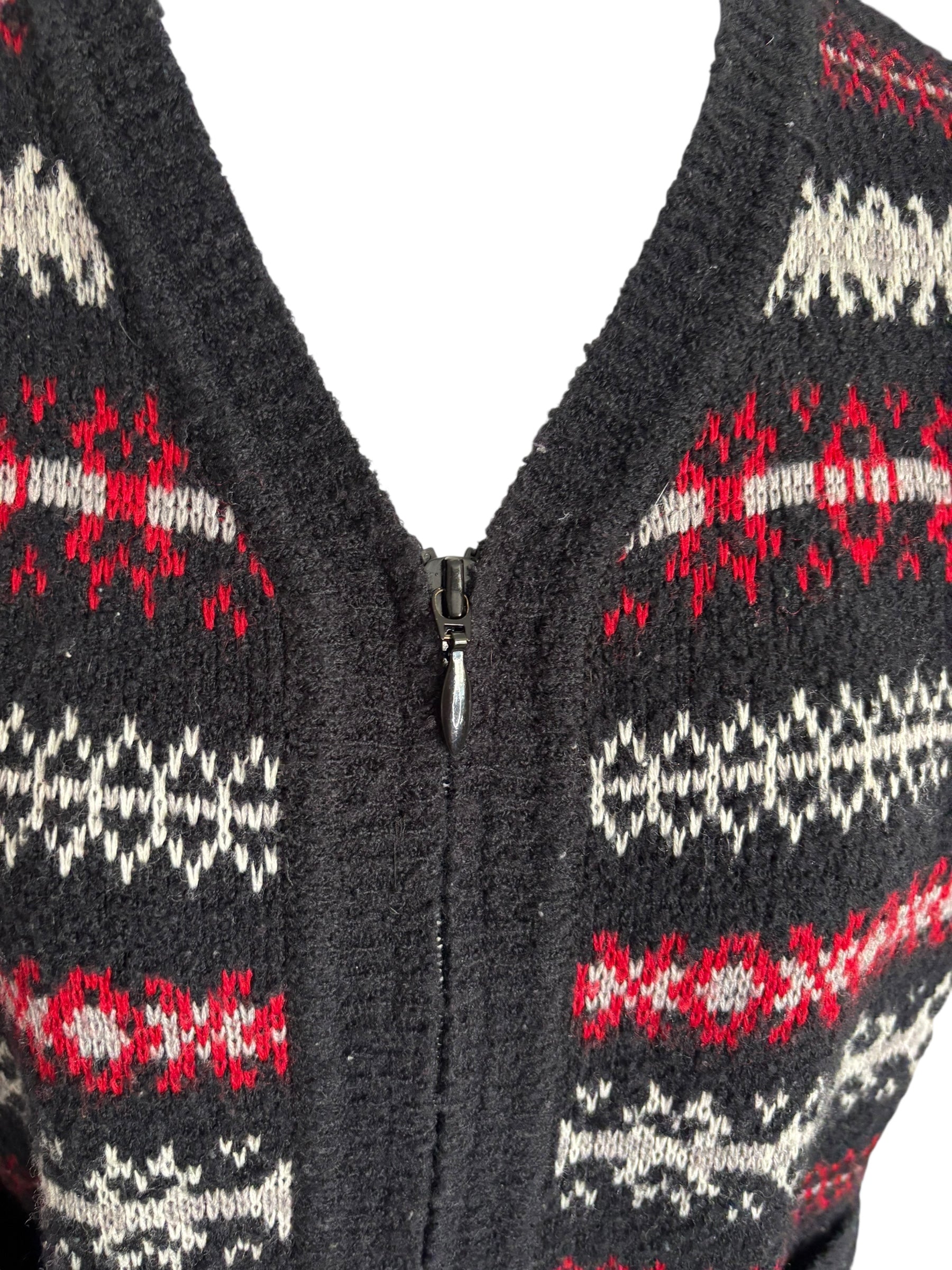 Vintage Nordic Knit Vest Full Zip Sweater Black Red White Fair Isle Sleeveless Size Small