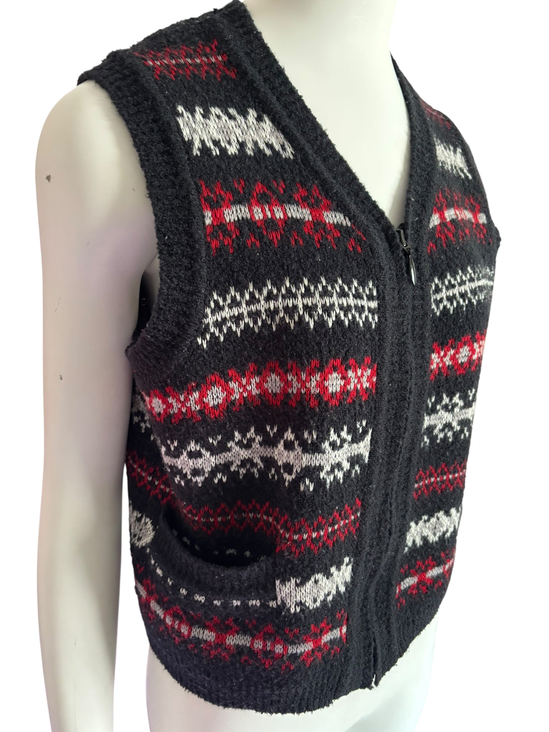 Vintage Nordic Knit Vest Full Zip Sweater Black Red White Fair Isle Sleeveless Size Small