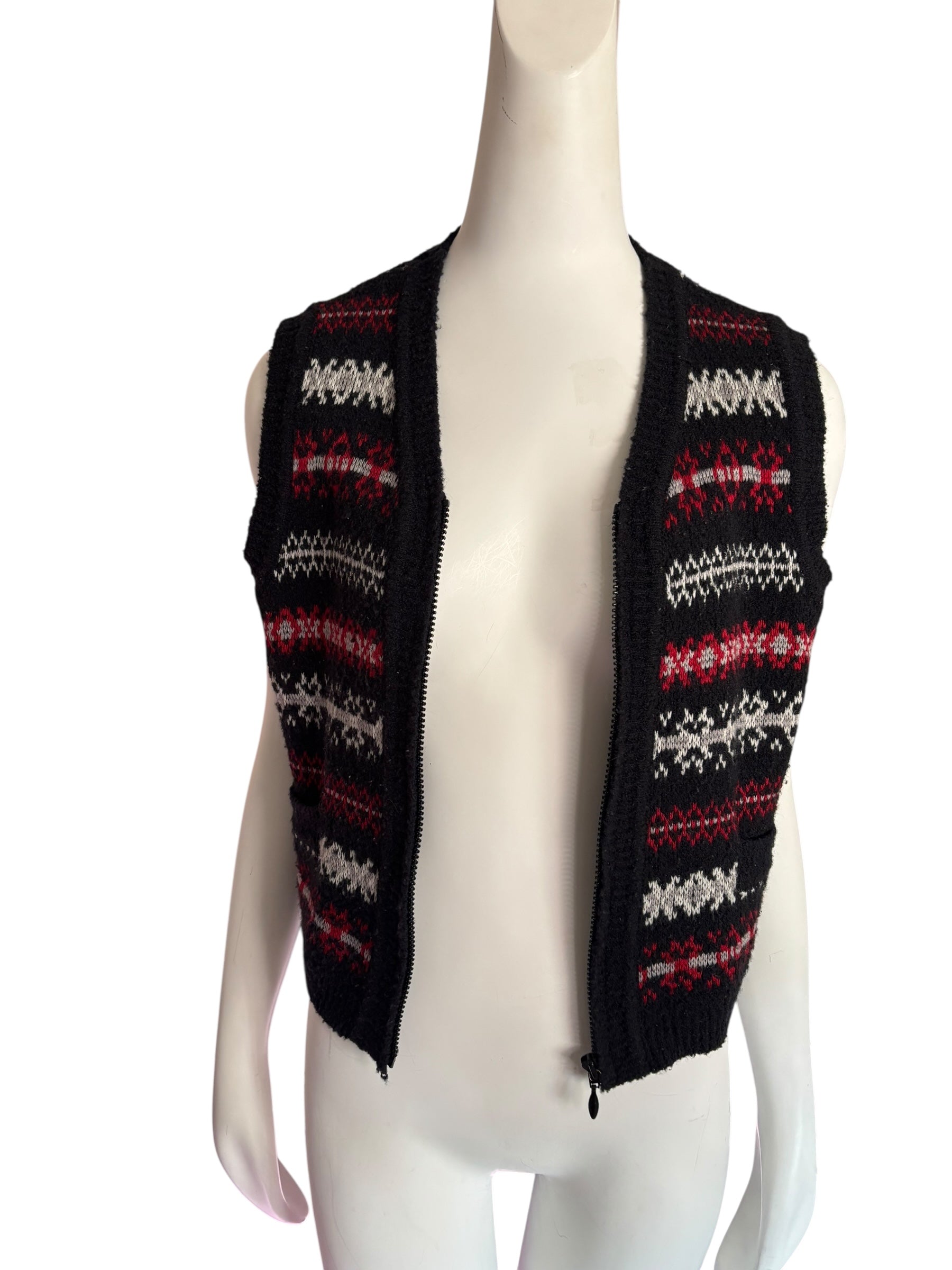 Vintage Nordic Knit Vest Full Zip Sweater Black Red White Fair Isle Sleeveless Size Small