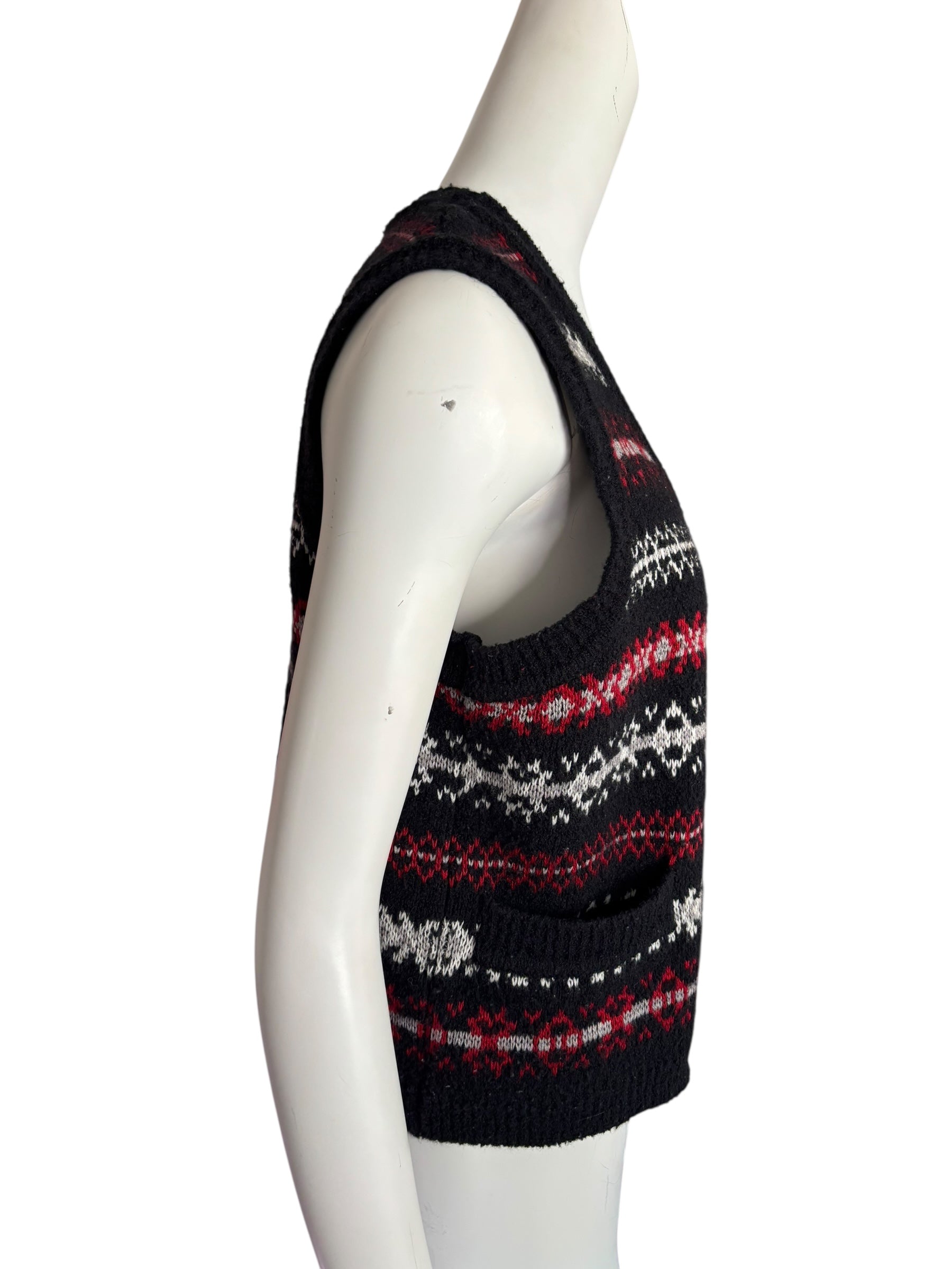 Vintage Nordic Knit Vest Full Zip Sweater Black Red White Fair Isle Sleeveless Size Small