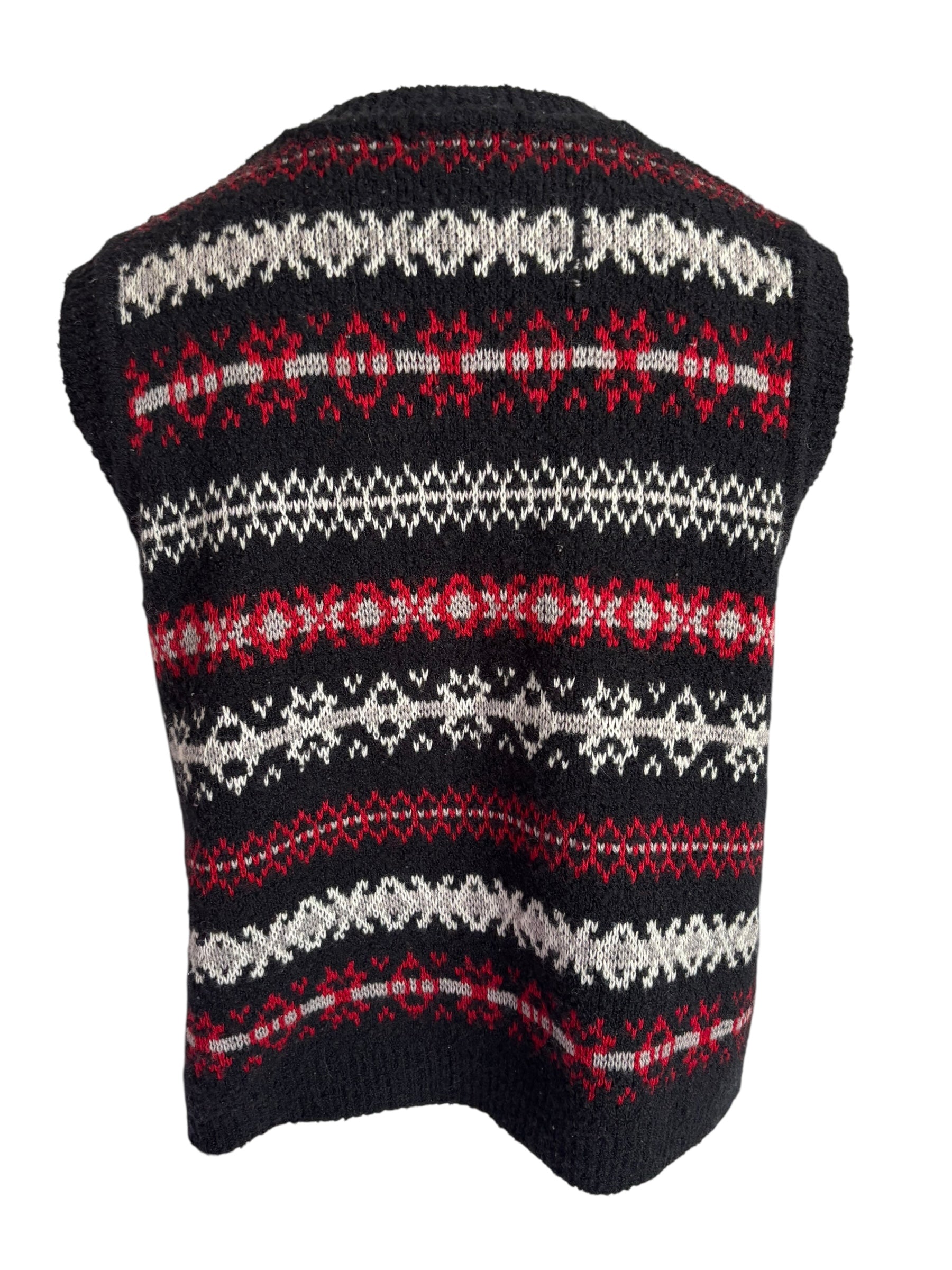 Vintage Nordic Knit Vest Full Zip Sweater Black Red White Fair Isle Sleeveless Size Small