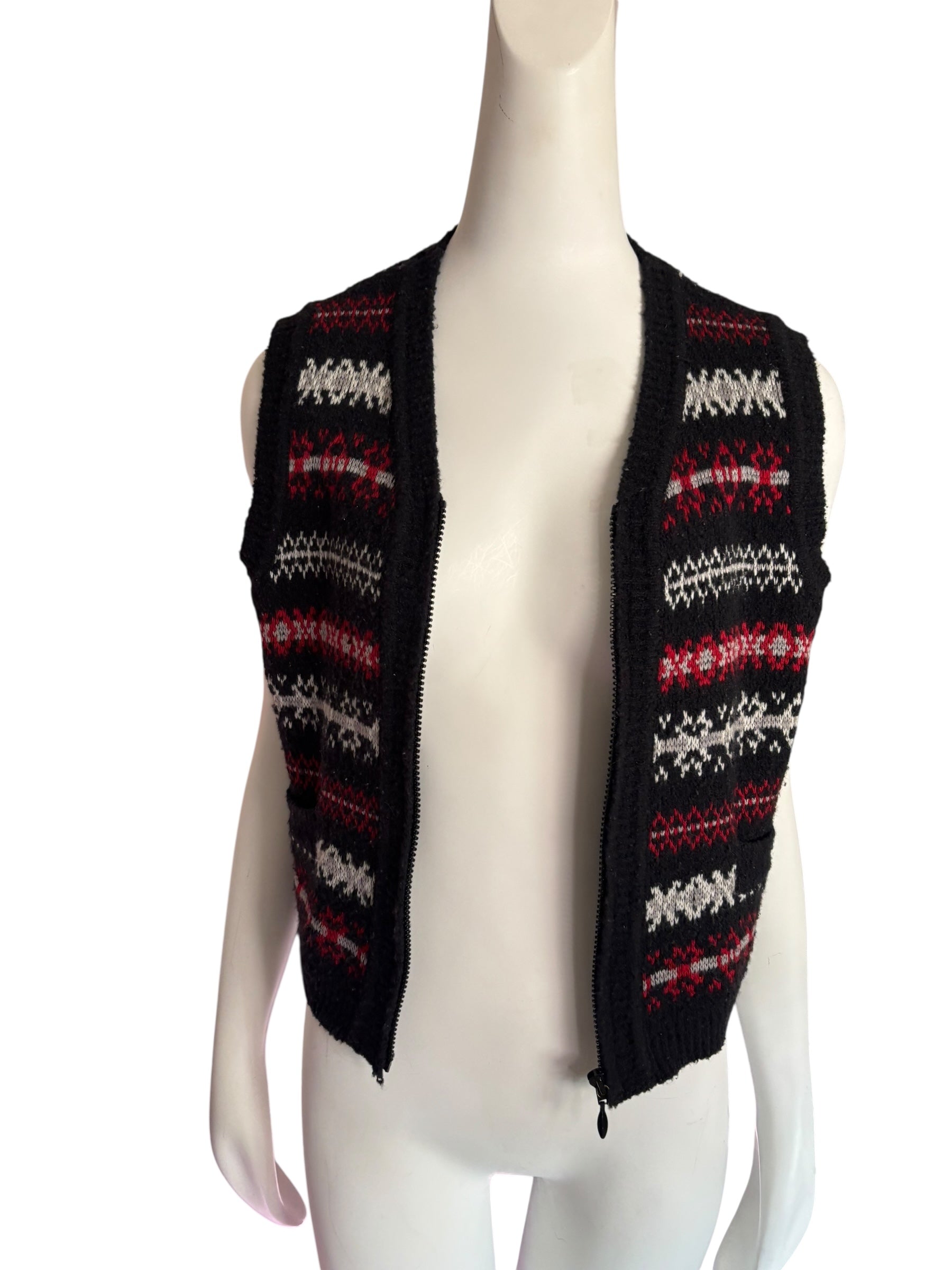 Vintage Nordic Knit Vest Full Zip Sweater Black Red White Fair Isle Sleeveless Size Small