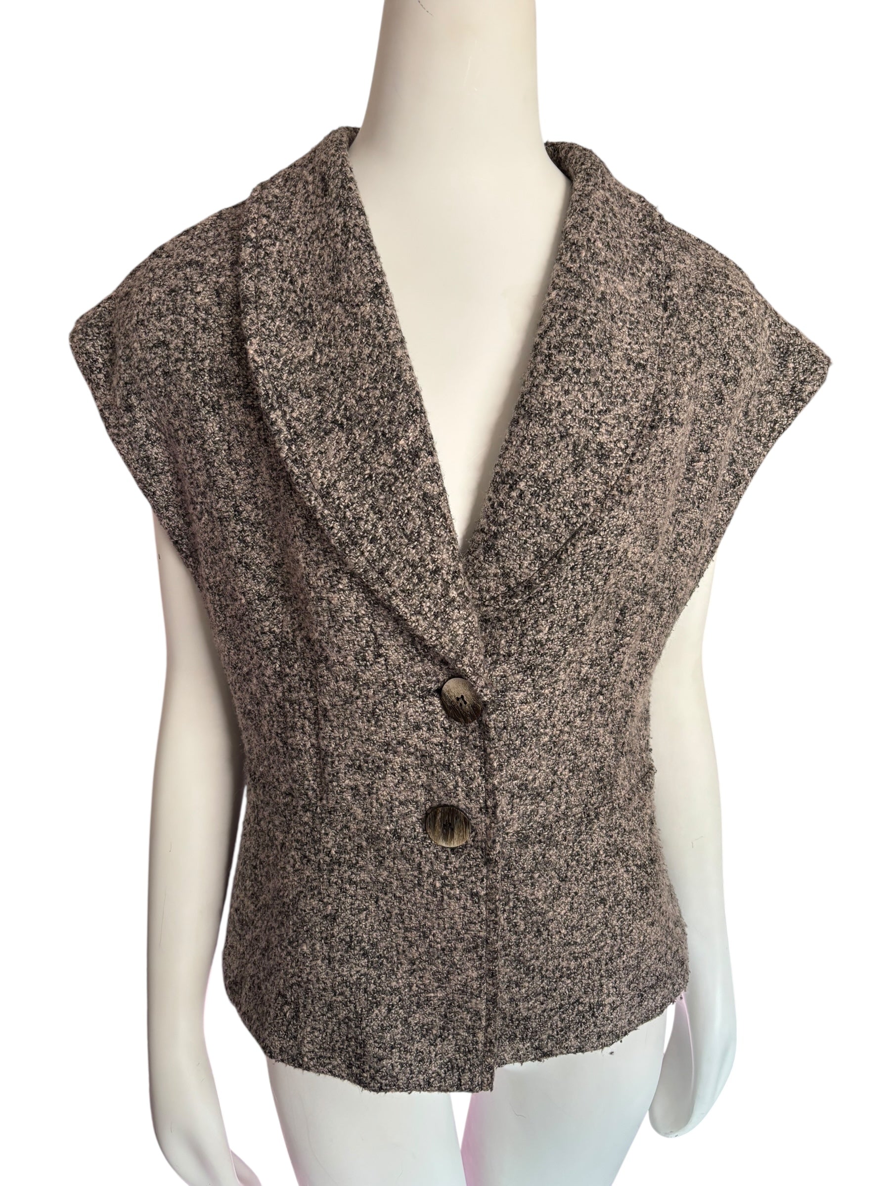 Sleeveless Tweed Knit Vest with Lapel Collar, Button Front Size 10