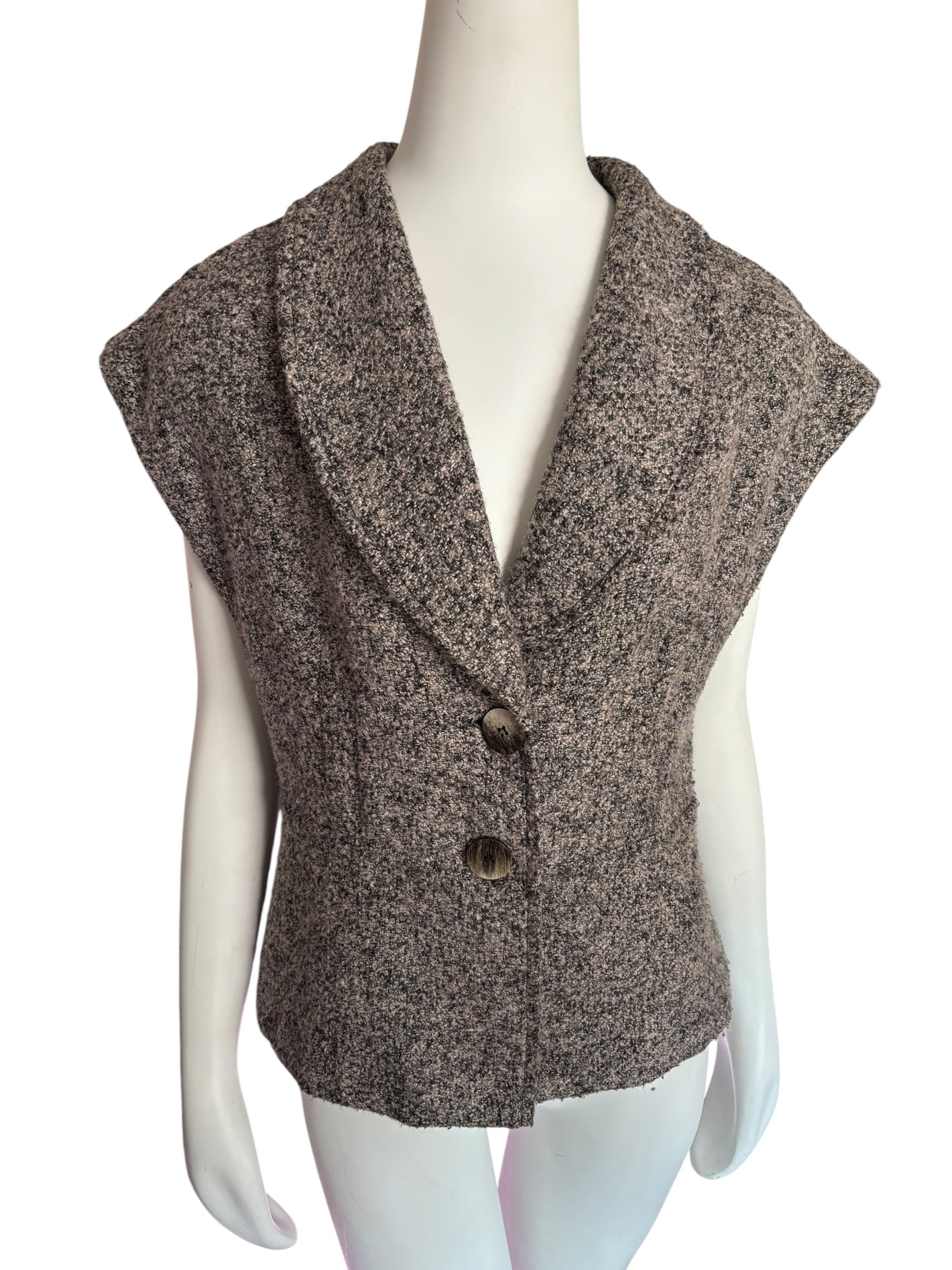 Sleeveless Tweed Knit Vest with Lapel Collar, Button Front Size 10