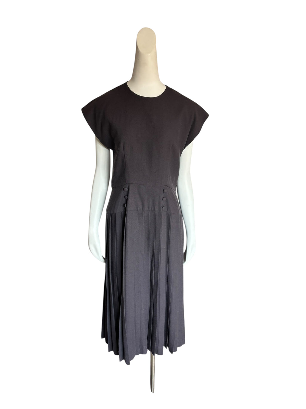 Vintage Gray Pleated Midi Dress Cap Sleeve Buttons Back Cutout Retro Style Size M