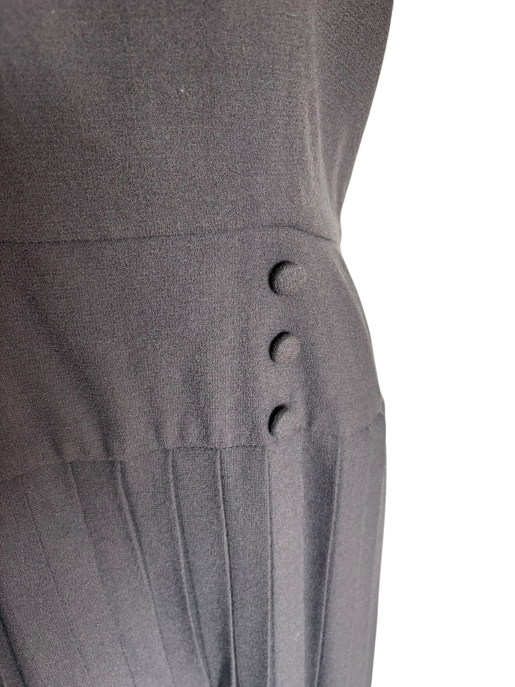 Vintage Gray Pleated Midi Dress Cap Sleeve Buttons Back Cutout Retro Style Size M