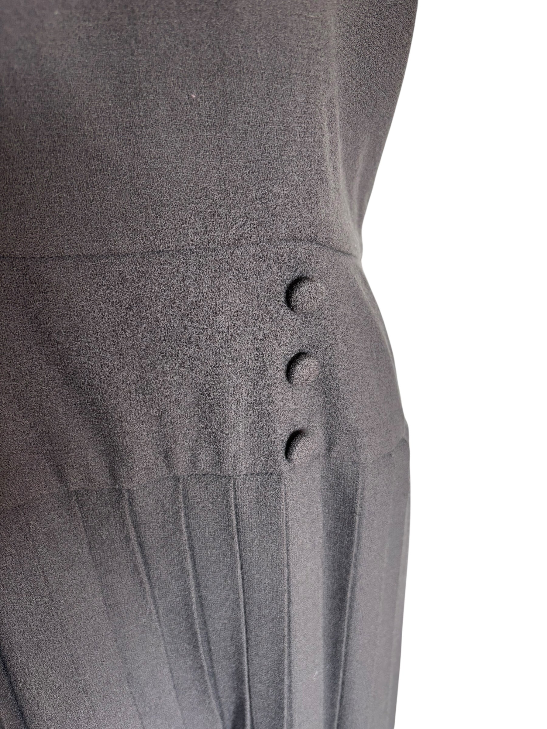 Vintage Gray Pleated Midi Dress Cap Sleeve Buttons Back Cutout Retro Style Size M