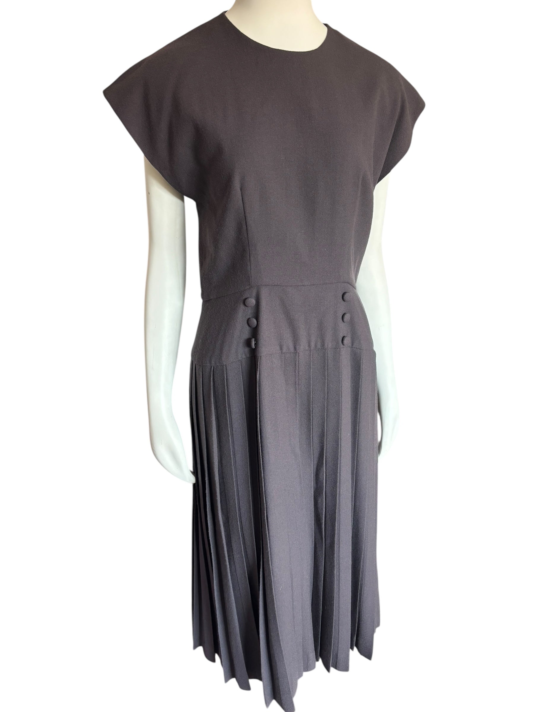 Vintage Gray Pleated Midi Dress Cap Sleeve Buttons Back Cutout Retro Style Size M