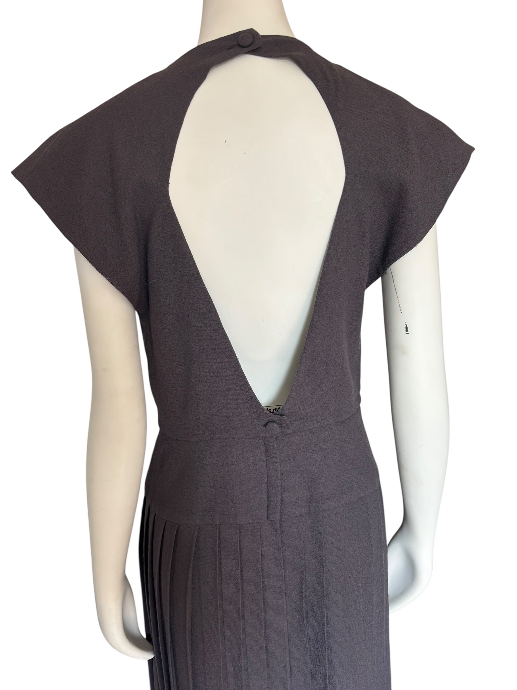 Vintage Gray Pleated Midi Dress Cap Sleeve Buttons Back Cutout Retro Style Size M