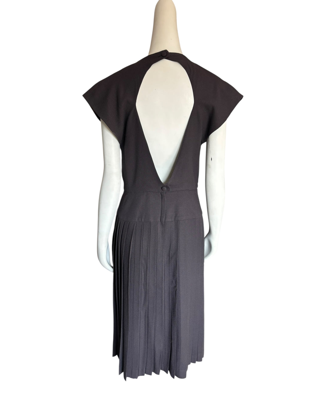Vintage Gray Pleated Midi Dress Cap Sleeve Buttons Back Cutout Retro Style Size M