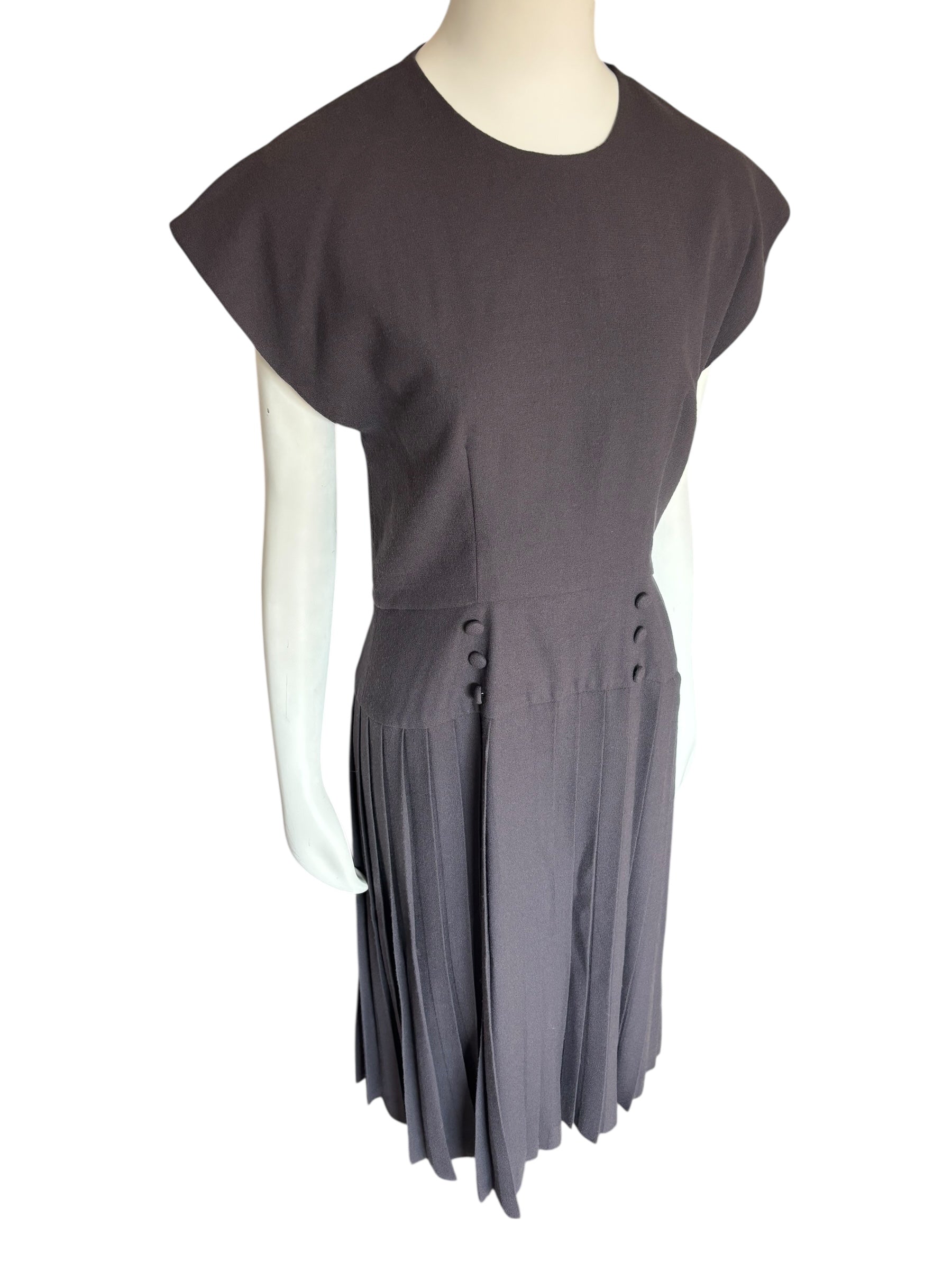 Vintage Gray Pleated Midi Dress Cap Sleeve Buttons Back Cutout Retro Style Size M