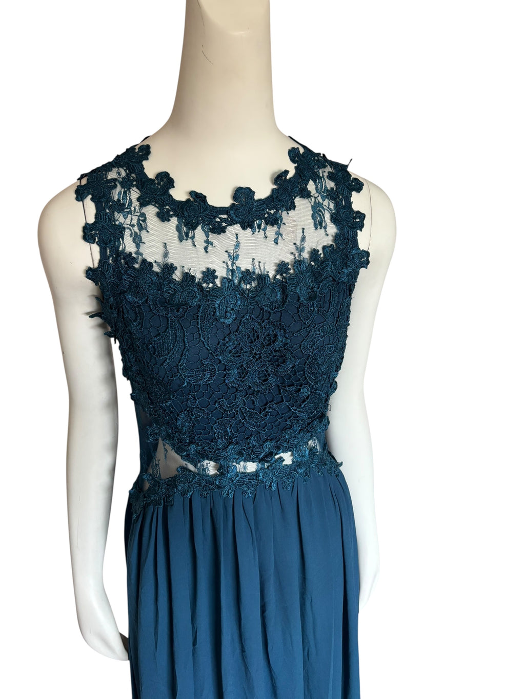 Teal Lace Bodice Illusion Cutout Formal Maxi Dress Evening Gown Size M