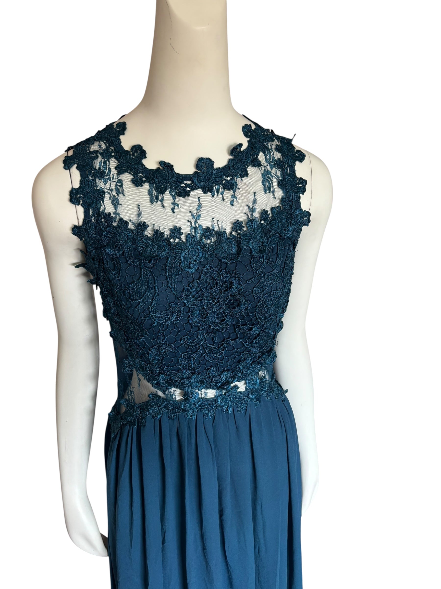 Teal Lace Bodice Illusion Cutout Formal Maxi Dress Evening Gown Size M