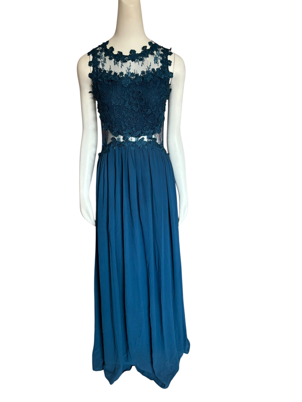 Teal Lace Bodice Illusion Cutout Formal Maxi Dress Evening Gown Size M