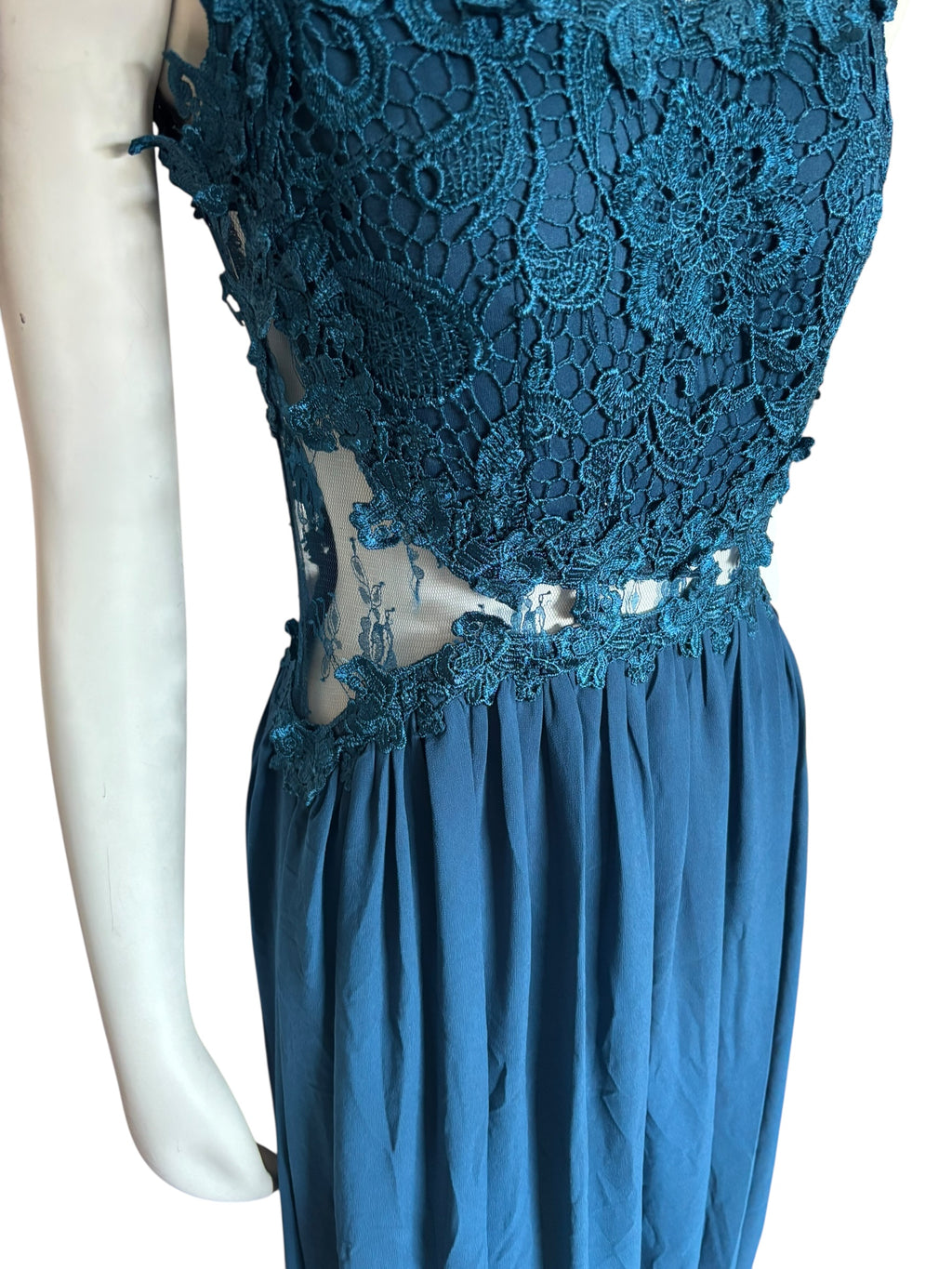 Teal Lace Bodice Illusion Cutout Formal Maxi Dress Evening Gown Size M