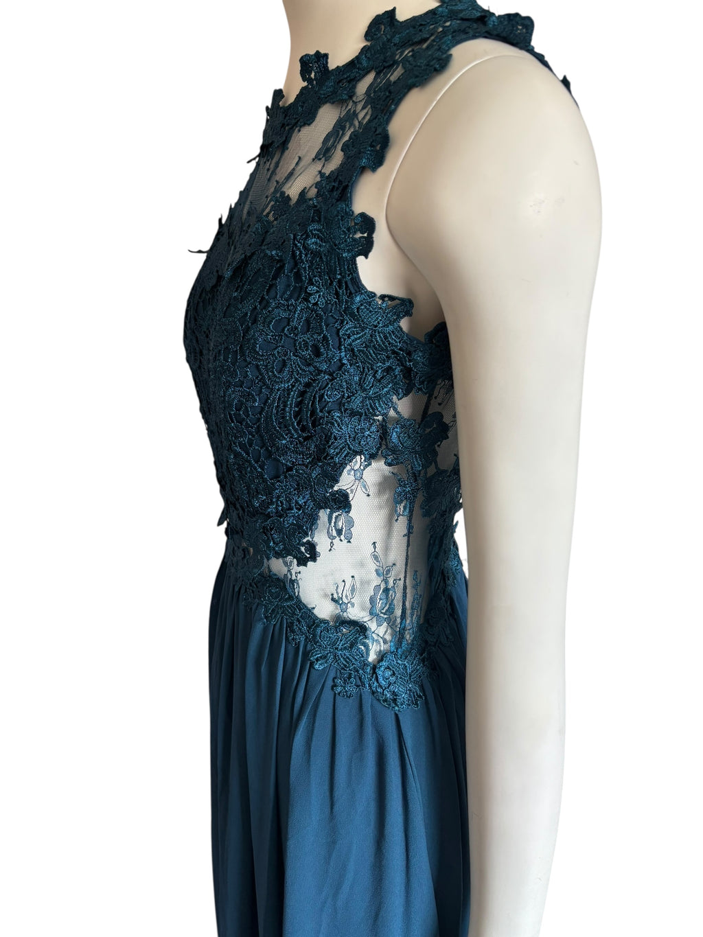 Teal Lace Bodice Illusion Cutout Formal Maxi Dress Evening Gown Size M