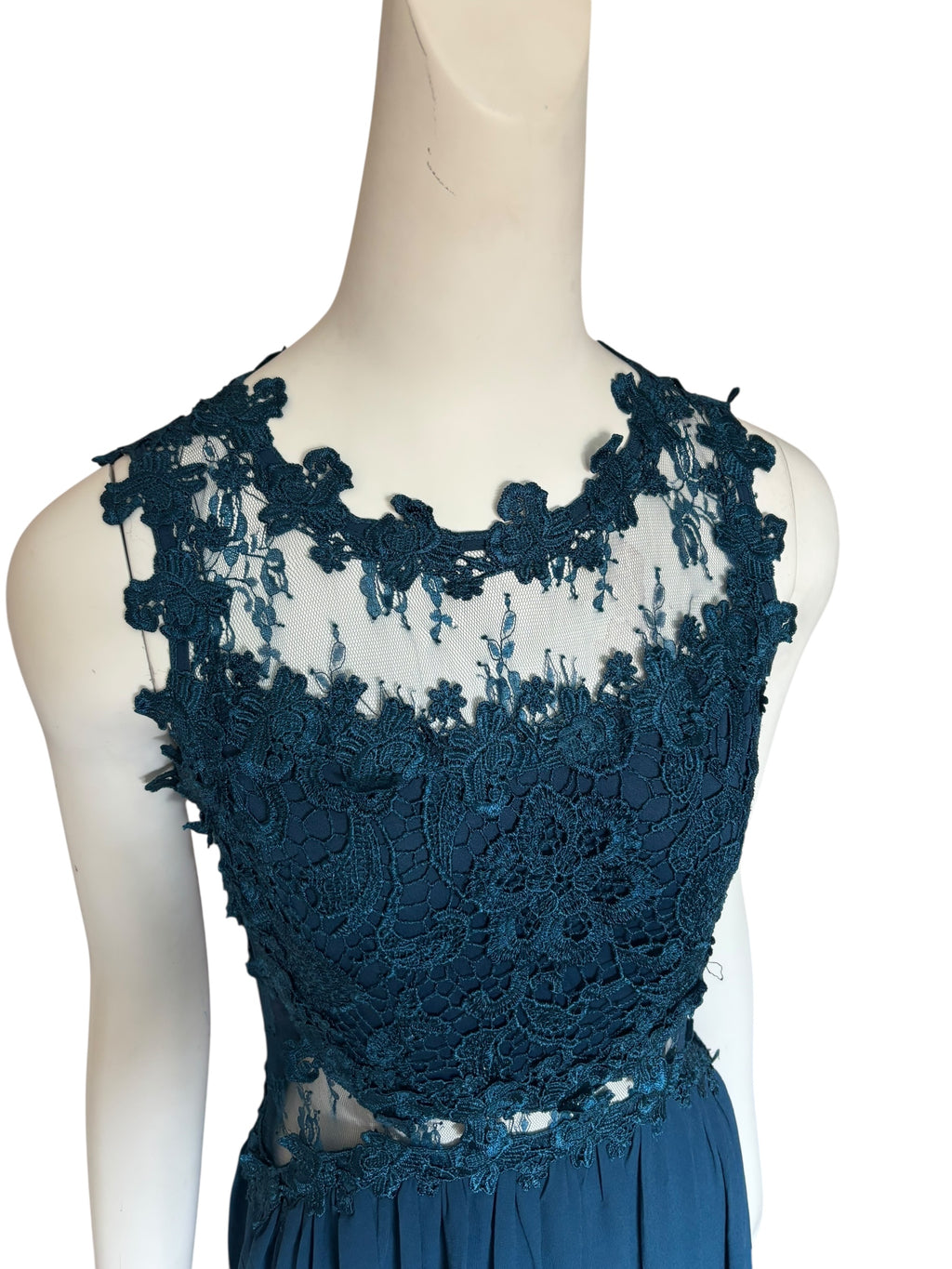 Teal Lace Bodice Illusion Cutout Formal Maxi Dress Evening Gown Size M