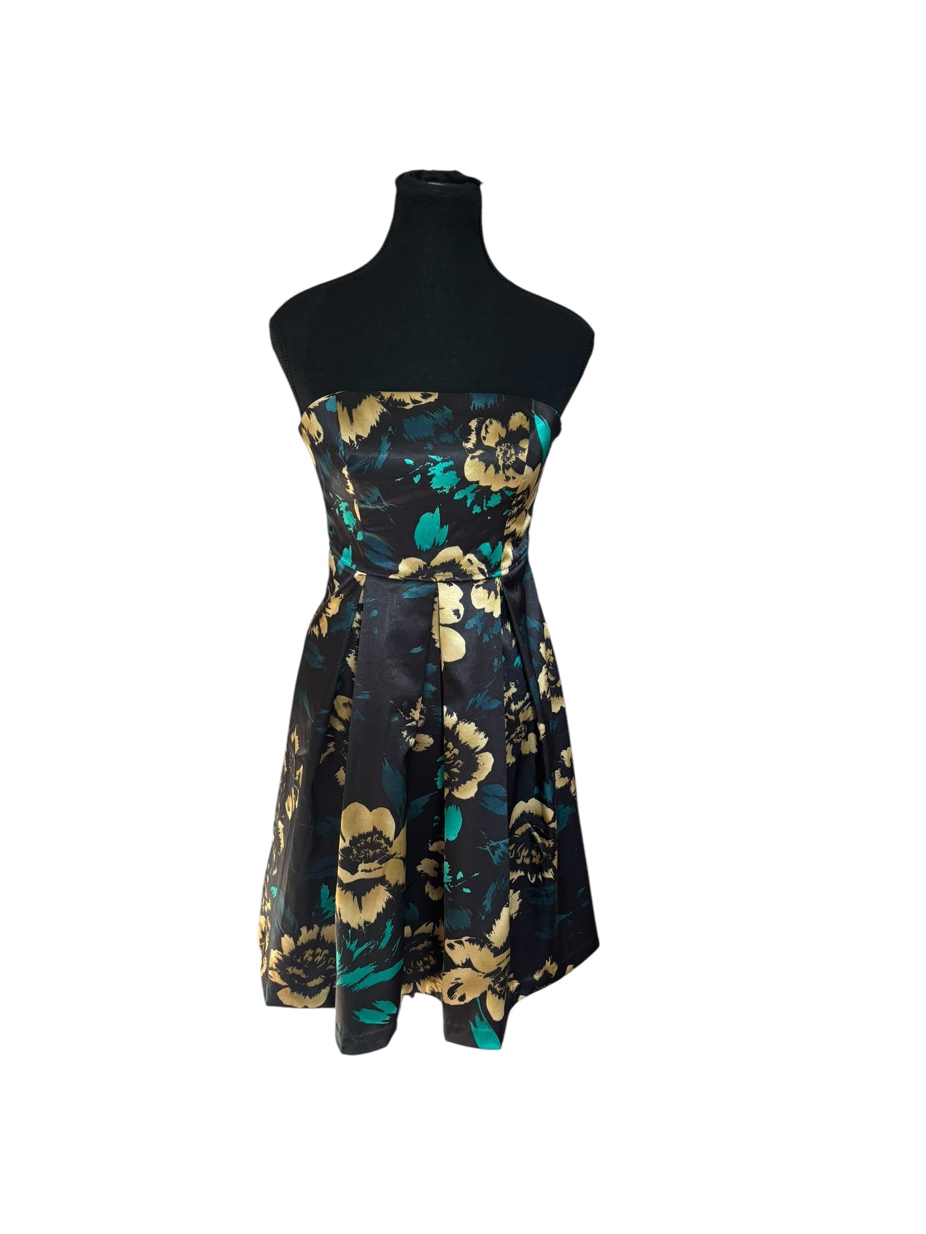 Vintage Guess Black, Gold and Green Strapless A-line Cocktail Dress Size 5